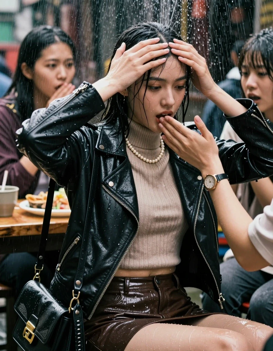 photo of young woman, in soaking wet, drenched clothes,
, , Biker leatherjacket, knit turtleneck sweater belly free, handbag, pearl necklace, bracelet, wristwatch, Sitting Under heavy Rain at Chinese outdoor Restaurant , strong jet of water, 
enjoying, wet clothes stuck to body,
detailed textures of the wet clothes, wet face, wet plastered hair,
wet, drenched, professional, high-quality details, full body view.
sharp focus, ultra-high pixel detail, realistic, high-quality, full colors, incredibly detailed, 4k, 8k, 16k, hyper-realistic, RAW photo, masterpiece, ultra-detailed, professionally color graded, professional photograph, 15 years old  school girl and her friends. Completely soaked to the Skin.

Open mouth, hands on her forehead, looking down. One Hand Covers her friends mouth. 

The girls wear different clothes.

she is completely underwater up to her neck, surprised and astonished expression. 

her clothing is soaking wet and clinging tightly to her skin, showing heavy wet folds, darkened fabric texture, and deep water-saturated Patches, her clothes are heavy from the water, water runs from her body and her clothes in streams. A lot of water also runs out of her clothes. Her clothes are darkened by the water. Her submerged clothes are good visible under the water.  she soaked her handbag into the water.

close up view, wet skin, wet clothes, wet hair, damp fabric, water runs down the clothes, wet skin, wet clothes, damp fabric. cinematic medium shot, hyper-realistic wetness, high-contrast water sheen, sharp focus, 16k resolution, professional photography, realistic water physics., wet skin, wet clothes, damp fabric, wet skin, wet clothes, damp fabric, wet skin, wet clothes, damp fabric, wet skin, wet clothes, damp fabric, wet skin, wet clothes, damp fabric, wet skin, wet clothes, damp fabric, wet skin, wet clothes, damp fabric, wet skin, wet clothes, damp fabric, wet skin, wet clothes, damp fabric