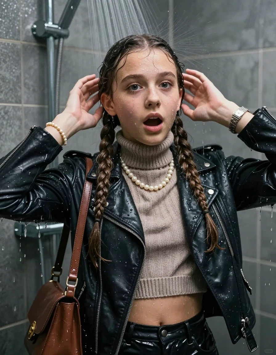 photo of young woman, in soaking wet, drenched clothes,
, , Biker leatherjacket, knit turtleneck sweater belly free, handbag, pearl necklace, bracelet, wristwatch, Under the shower, strong jet of water, party room, 
enjoying, wet clothes stuck to body,
detailed textures of the wet clothes, wet face, wet plastered hair,
wet, drenched, professional, high-quality details, full body view.
sharp focus, ultra-high pixel detail, realistic, high-quality, full colors, incredibly detailed, 4k, 8k, 16k, hyper-realistic, RAW photo, masterpiece, ultra-detailed, professionally color graded, professional photograph, Two long braids 

 15 years old  school girl

Only head and shoulders are over the surface visible. Open mouth, big eyes. Looking at Camera. Hands up.

The girls wear different clothes.

she is completely underwater up to her neck, surprised and astonished expression. 

her clothing is soaking wet and clinging tightly to her skin, showing heavy wet folds, darkened fabric texture, and deep water-saturated Patches, her clothes are heavy from the water, water runs from her body and her clothes in streams. A lot of water also runs out of her clothes. Her clothes are darkened by the water. Her submerged clothes are good visible under the water.  she soaked her handbag into the water.

close up view, wet skin, wet clothes, wet hair, damp fabric, water runs down the clothes, wet skin, wet clothes, damp fabric. cinematic medium shot, hyper-realistic wetness, high-contrast water sheen, sharp focus, 16k resolution, professional photography, realistic water physics., wet skin, wet clothes, damp fabric, wet skin, wet clothes, damp fabric, wet skin, wet clothes, damp fabric, wet skin, wet clothes, damp fabric, wet skin, wet clothes, damp fabric