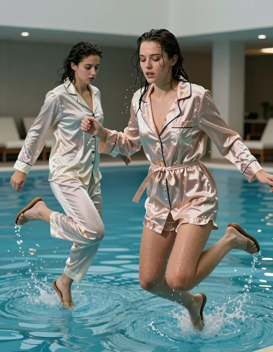 photo of young woman, in soaking wet, drenched clothes,
Sandals, Satin pyjama, A satin trench coat, An indoor pool, 
enjoying, wet clothes stuck to body,
detailed textures of the wet clothes, wet face, wet plastered hair,
wet, drenched, professional, high-quality details, full body view.
sharp focus, ultra-high pixel detail, realistic, high-quality, full colors, incredibly detailed, 4k, 8k, 16k, hyper-realistic, RAW photo, masterpiece, ultra-detailed, professionally color graded, professional photograph, Can you recreate a wet scene in the pool where a young ladie meet her best friend in the pool in pyjamas.

Both jump to the pool in their pyjama.

Their pyjama floated in the pool., wet skin, wet clothes, damp fabric