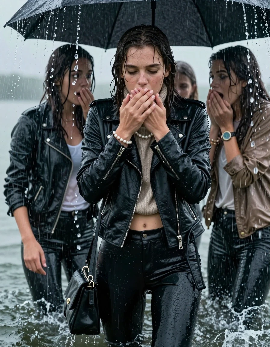photo of young woman, in soaking wet, drenched clothes,
Ankle boots, Black leatherleggings , Biker leatherjacket, knit turtleneck sweater belly free, handbag, pearl necklace, bracelet, wristwatch, Orgasm Under a flood of water from the canopy of a sinking boat during extremely heavy rain, 
enjoying, wet clothes stuck to body,
detailed textures of the wet clothes, wet face, wet plastered hair,
wet, drenched, professional, high-quality details, full body view.
sharp focus, ultra-high pixel detail, realistic, high-quality, full colors, incredibly detailed, 4k, 8k, 16k, hyper-realistic, RAW photo, masterpiece, ultra-detailed, professionally color graded, professional photograph, 15 years old teenage girl and her friends. Completely soaked to the Skin.

Open mouth, hands on her mouth, looking down. One Hand Covers her friends mouth. 

The girls wear different clothes.

she is completely underwater up to her neck, surprised and astonished expression. 

her clothing is soaking wet and clinging tightly to her skin, showing heavy wet folds, darkened fabric texture, and deep water-saturated Patches, her clothes are heavy from the water, water runs from her body and her clothes in streams. A lot of water also runs out of her clothes. Her clothes are darkened by the water. Her submerged clothes are good visible under the water.  she soaked her handbag into the water.

close up view, wet skin, wet clothes, wet hair, damp fabric, water runs down the clothes, wet skin, wet clothes, damp fabric. cinematic medium shot, hyper-realistic wetness, high-contrast water sheen, sharp focus, 16k resolution, professional photography, realistic water physics., wet skin, wet clothes, damp fabric, wet skin, wet clothes, damp fabric, wet skin, wet clothes, damp fabric, wet skin, wet clothes, damp fabric, wet skin, wet clothes, damp fabric, wet skin, wet clothes, damp fabric, wet skin, wet clothes, damp fabric, wet skin, wet clothes, damp fabric, wet skin, wet clothes, damp fabric