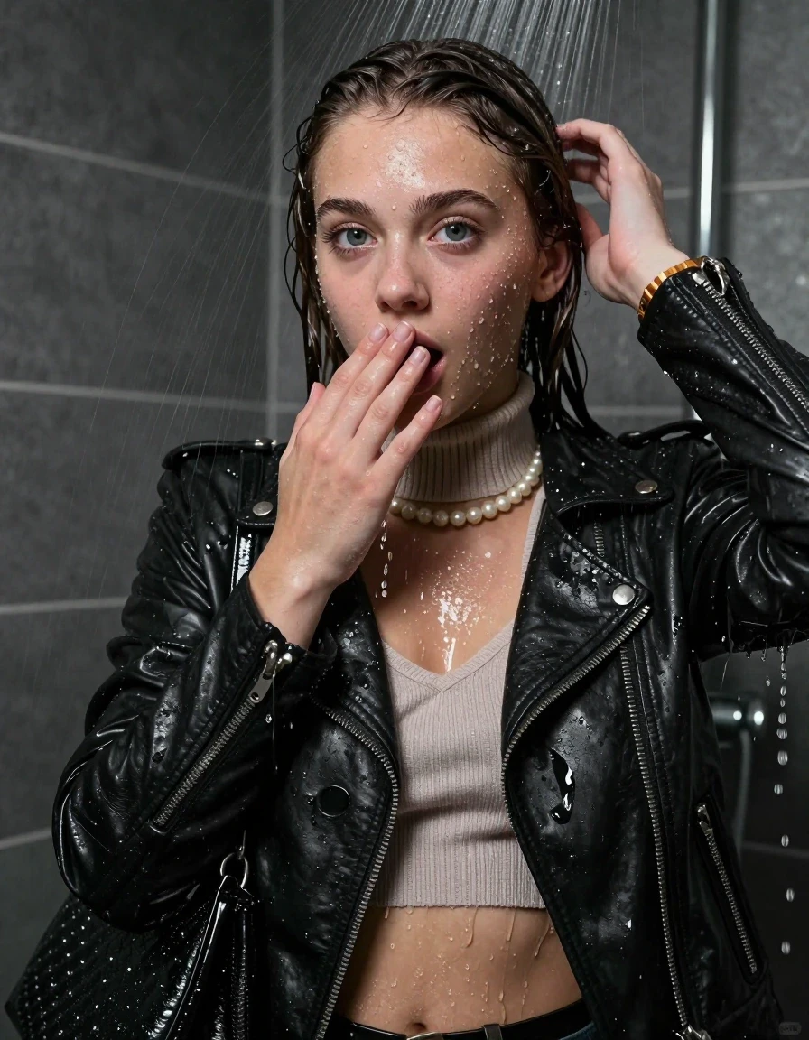 photo of young woman, in soaking wet, drenched clothes,
, , Biker leatherjacket, knit turtleneck sweater belly free, handbag, pearl necklace, bracelet, wristwatch, Under the shower, strong jet of water, party room, 
enjoying, wet clothes stuck to body,
detailed textures of the wet clothes, wet face, wet plastered hair,
wet, drenched, professional, high-quality details, full body view.
sharp focus, ultra-high pixel detail, realistic, high-quality, full colors, incredibly detailed, 4k, 8k, 16k, hyper-realistic, RAW photo, masterpiece, ultra-detailed, professionally color graded, professional photograph, Collarbone bob

 15 years old  school girl

Only head and shoulders are over the surface visible. Looking at camera. One Hand down. One Hand on her mouth.

The girls wear different clothes.

she is completely underwater up to her neck, surprised and astonished expression. 

her clothing is soaking wet and clinging tightly to her skin, showing heavy wet folds, darkened fabric texture, and deep water-saturated Patches, her clothes are heavy from the water, water runs from her body and her clothes in streams. A lot of water also runs out of her clothes. Her clothes are darkened by the water. Her submerged clothes are good visible under the water.  she soaked her handbag into the water.

close up view, wet skin, wet clothes, wet hair, damp fabric, water runs down the clothes, wet skin, wet clothes, damp fabric. cinematic medium shot, hyper-realistic wetness, high-contrast water sheen, sharp focus, 16k resolution, professional photography, realistic water physics., wet skin, wet clothes, damp fabric, wet skin, wet clothes, damp fabric, wet skin, wet clothes, damp fabric, wet skin, wet clothes, damp fabric, wet skin, wet clothes, damp fabric, wet skin, wet clothes, damp fabric