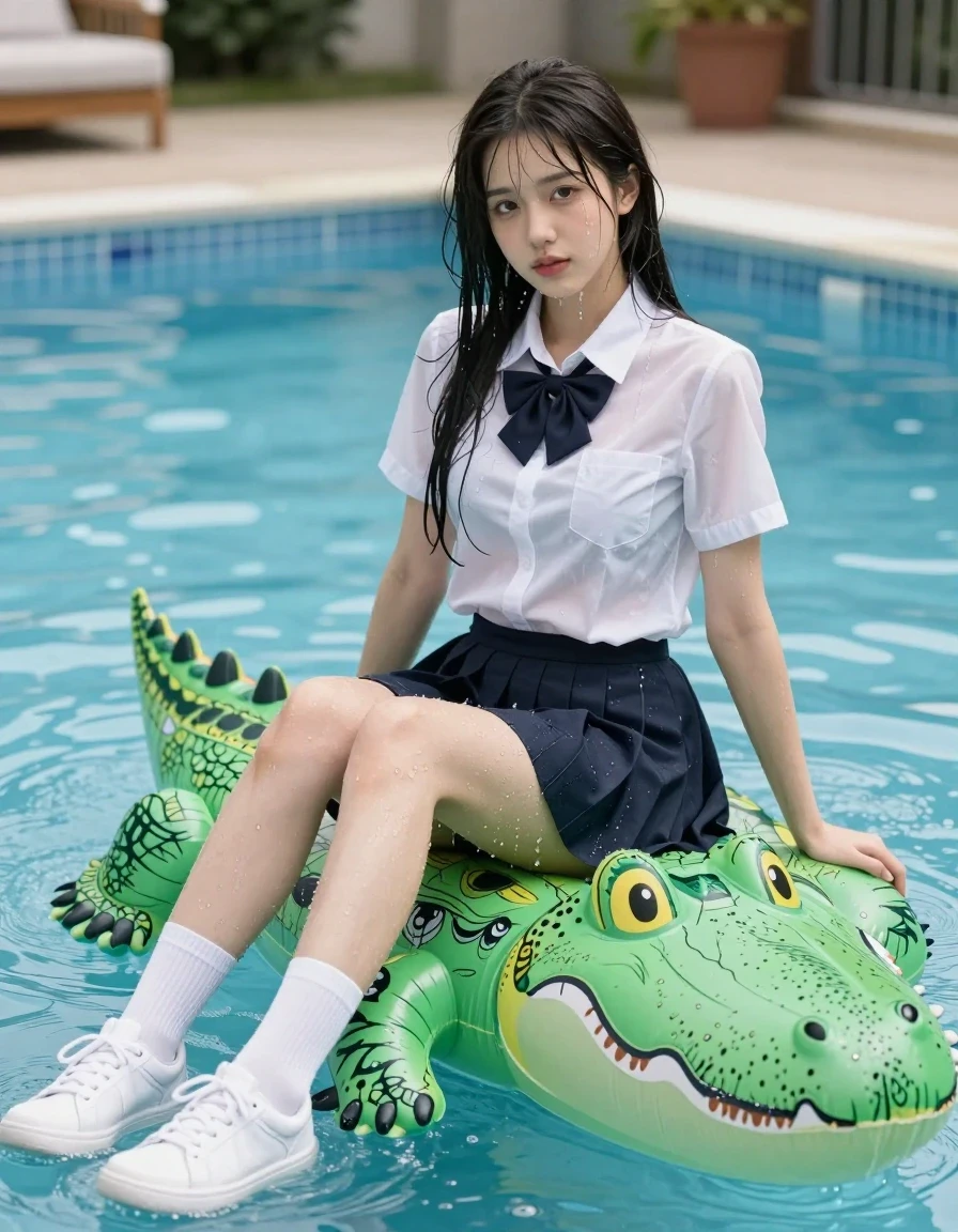 photo of young woman, in soaking wet, drenched clothes,
white sneakers and white kneesocks, School uniform shortskirt, school uniform with a white blouse, no bra, communal swimming pool outdoor, 
enjoying, wet clothes stuck to body,
detailed textures of the wet clothes, wet face, wet plastered hair,
wet, drenched, professional, high-quality details, full body view.
sharp focus, ultra-high pixel detail, realistic, high-quality, full colors, incredibly detailed, 4k, 8k, 16k, hyper-realistic, RAW photo, masterpiece, ultra-detailed, professionally color graded, professional photograph, show a woman sitting on an inflatable crocodile in an public pool, the women is 25 years old has black hair. her cothes are completly dreched and the water is runnning down her wet clothes and her wet hair., wet skin, wet clothes, damp fabric