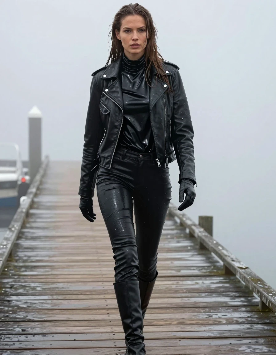 A hyper-realistic full-body shot of a young adult European woman with long, dripping wet brown hair, walking along a wooden pier at a misty, atmospheric dockside. She is wearing a black leather bikers jacket layered over an oversized black vinyl turtleneck shirt that clings to her frame with a high-sheen, wet-look texture. Her legs are clad in black leather jeans, rendered with intricate wet folds, heavy saturation, and glossy specular reflections on the seams and creases. She wears black leather knee-high boots and matching leather gloves on both hands. Her skin and clothing are visibly drenched, with water sheen, damp fabric clinging to her body, and heavy, soaked textures throughout. The environment is thick with heavy mist, muted lighting, and a moody, cinematic dock atmosphere. The image is captured with sharp focus on the wet skin and fabric textures, maintaining professional photographic quality, with no nudity, ensuring fully clothed, modest, and clean anatomy throughout.