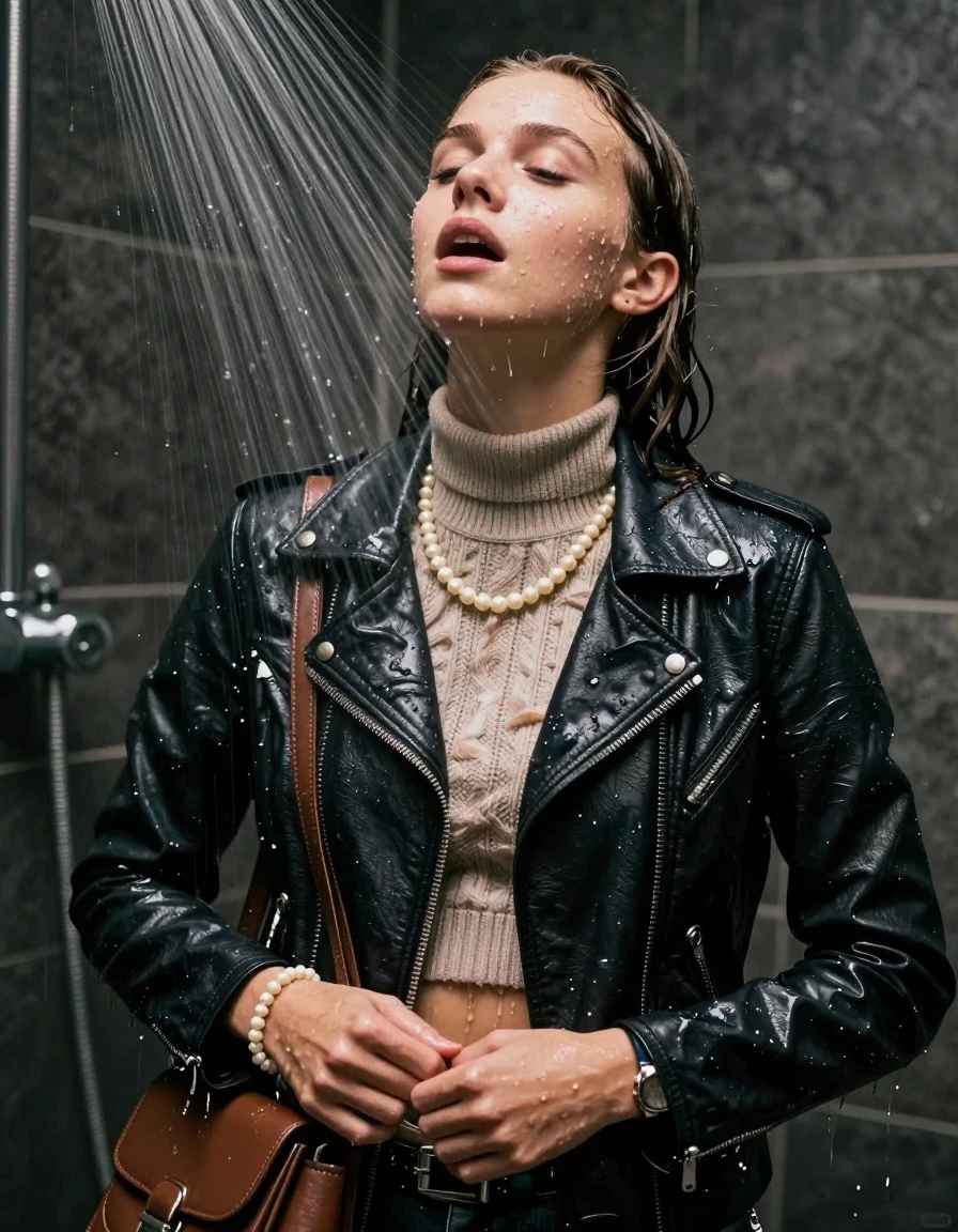 photo of young woman, in soaking wet, drenched clothes,
, , Biker leatherjacket, knit turtleneck sweater belly free, handbag, pearl necklace, bracelet, wristwatch, Under the shower, strong jet of water, party room, 
enjoying, wet clothes stuck to body,
detailed textures of the wet clothes, wet face, wet plastered hair,
wet, drenched, professional, high-quality details, full body view.
sharp focus, ultra-high pixel detail, realistic, high-quality, full colors, incredibly detailed, 4k, 8k, 16k, hyper-realistic, RAW photo, masterpiece, ultra-detailed, professionally color graded, professional photograph, Collarbone bob

 15 years old  school girl

Only head and shoulders are over the surface visible. Open mouth, closed eyes. Looking up. Hands down. 

The girls wear different clothes.

she is completely underwater up to her neck, surprised and astonished expression. 

her clothing is soaking wet and clinging tightly to her skin, showing heavy wet folds, darkened fabric texture, and deep water-saturated Patches, her clothes are heavy from the water, water runs from her body and her clothes in streams. A lot of water also runs out of her clothes. Her clothes are darkened by the water. Her submerged clothes are good visible under the water.  she soaked her handbag into the water.

close up view, wet skin, wet clothes, wet hair, damp fabric, water runs down the clothes, wet skin, wet clothes, damp fabric. cinematic medium shot, hyper-realistic wetness, high-contrast water sheen, sharp focus, 16k resolution, professional photography, realistic water physics., wet skin, wet clothes, damp fabric, wet skin, wet clothes, damp fabric, wet skin, wet clothes, damp fabric, wet skin, wet clothes, damp fabric, wet skin, wet clothes, damp fabric