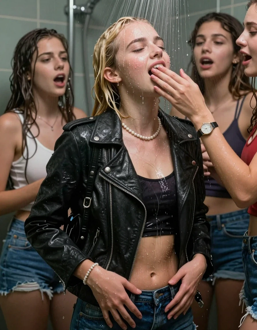 photo of young woman, in soaking wet, drenched clothes,
, , Biker leatherjacket, crop top, shoulderbag, pearl necklace, bracelet, wristwatch, Orgasm Under the shower, strong jet of water, party room, 
enjoying, wet clothes stuck to body,
detailed textures of the wet clothes, wet face, wet plastered hair,
wet, drenched, professional, high-quality details, full body view.
sharp focus, ultra-high pixel detail, realistic, high-quality, full colors, incredibly detailed, 4k, 8k, 16k, hyper-realistic, RAW photo, masterpiece, ultra-detailed, professionally color graded, professional photograph, Blonde Sleek long ponytail with bangs

 15 years old  school girl and her female  friends
Looking up to the side. Moaning. Open mouth, closed eyes. Hands on her tighs. Her mouth is covered by her friends Hand.

The girls wear different clothes.

she is completely underwater up to her neck, surprised and astonished expression. 

her clothing is soaking wet and clinging tightly to her skin, showing heavy wet folds, darkened fabric texture, and deep water-saturated Patches, her clothes are heavy from the water, water runs from her body and her clothes in streams. A lot of water also runs out of her clothes. Her clothes are darkened by the water. Her submerged clothes are good visible under the water.  she soaked her handbag into the water.

close up view, wet skin, wet clothes, wet hair, damp fabric, water runs down the clothes, wet skin, wet clothes, damp fabric. cinematic medium shot, hyper-realistic wetness, high-contrast water sheen, sharp focus, 16k resolution, professional photography, realistic water physics., wet skin, wet clothes, damp fabric, wet skin, wet clothes, damp fabric, wet skin, wet clothes, damp fabric, wet skin, wet clothes, damp fabric, wet skin, wet clothes, damp fabric, wet skin, wet clothes, damp fabric, wet skin, wet clothes, damp fabric