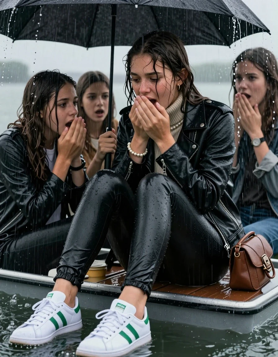 photo of young woman, in soaking wet, drenched clothes,
White sneakers Adidas green Stan Smith , Black leatherleggings , Biker leatherjacket, knit turtleneck sweater belly free, handbag, pearl necklace, bracelet, wristwatch, Sitting Under a flood of water from the canopy of a sinking boat during extremely heavy rain, 
enjoying, wet clothes stuck to body,
detailed textures of the wet clothes, wet face, wet plastered hair,
wet, drenched, professional, high-quality details, full body view.
sharp focus, ultra-high pixel detail, realistic, high-quality, full colors, incredibly detailed, 4k, 8k, 16k, hyper-realistic, RAW photo, masterpiece, ultra-detailed, professionally color graded, professional photograph, 15 years old teenage girl and her friends. Completely soaked to the Skin.

Open mouth, hands on her mouth, looking down. One Hand Covers her friends mouth. 

The girls wear different clothes.

she is completely underwater up to her neck, surprised and astonished expression. 

her clothing is soaking wet and clinging tightly to her skin, showing heavy wet folds, darkened fabric texture, and deep water-saturated Patches, her clothes are heavy from the water, water runs from her body and her clothes in streams. A lot of water also runs out of her clothes. Her clothes are darkened by the water. Her submerged clothes are good visible under the water.  she soaked her handbag into the water.

close up view, wet skin, wet clothes, wet hair, damp fabric, water runs down the clothes, wet skin, wet clothes, damp fabric. cinematic medium shot, hyper-realistic wetness, high-contrast water sheen, sharp focus, 16k resolution, professional photography, realistic water physics., wet skin, wet clothes, damp fabric, wet skin, wet clothes, damp fabric, wet skin, wet clothes, damp fabric, wet skin, wet clothes, damp fabric, wet skin, wet clothes, damp fabric, wet skin, wet clothes, damp fabric, wet skin, wet clothes, damp fabric, wet skin, wet clothes, damp fabric, wet skin, wet clothes, damp fabric