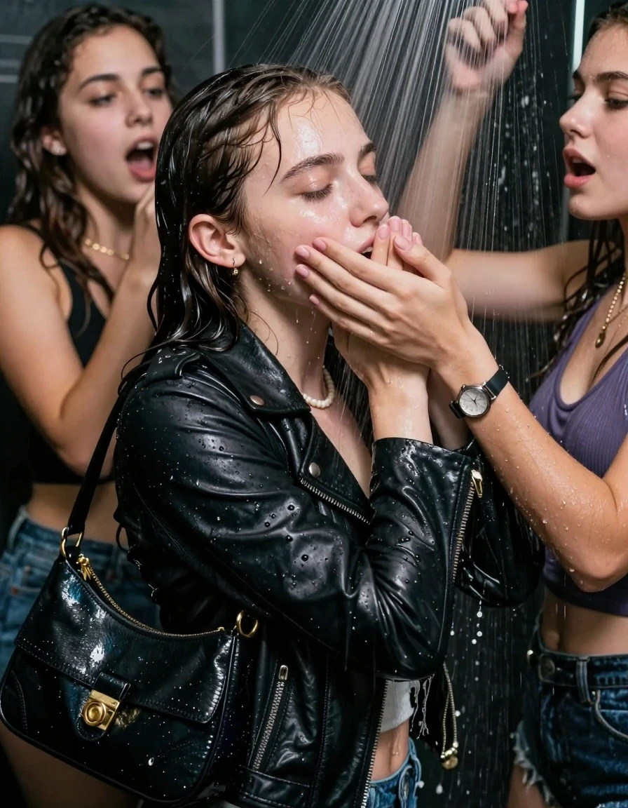 photo of young woman, in soaking wet, drenched clothes,
, , Biker leatherjacket, sweater belly free, shoulderbag, pearl necklace, bracelet, wristwatch, Orgasm Under the shower, strong jet of water, party room, 
enjoying, wet clothes stuck to body,
detailed textures of the wet clothes, wet face, wet plastered hair,
wet, drenched, professional, high-quality details, full body view.
sharp focus, ultra-high pixel detail, realistic, high-quality, full colors, incredibly detailed, 4k, 8k, 16k, hyper-realistic, RAW photo, masterpiece, ultra-detailed, professionally color graded, professional photograph, Sleek long ponytail with bangs

 15 years old  school girl and her female  friends

Only head and shoulders are over the surface visible. Looking slightly away. Open mouth, closed eyes. Her mouth is covered by her friends Hand. hugs her friend.

The girls wear different clothes. All girls have an orgasm. 

she is completely underwater up to her neck, surprised and astonished expression. 

her clothing is soaking wet and clinging tightly to her skin, showing heavy wet folds, darkened fabric texture, and deep water-saturated Patches, her clothes are heavy from the water, water runs from her body and her clothes in streams. A lot of water also runs out of her clothes. Her clothes are darkened by the water. Her submerged clothes are good visible under the water.  she soaked her handbag into the water.

close up view, wet skin, wet clothes, wet hair, damp fabric, water runs down the clothes, wet skin, wet clothes, damp fabric. cinematic medium shot, hyper-realistic wetness, high-contrast water sheen, sharp focus, 16k resolution, professional photography, realistic water physics., wet skin, wet clothes, damp fabric, wet skin, wet clothes, damp fabric, wet skin, wet clothes, damp fabric, wet skin, wet clothes, damp fabric, wet skin, wet clothes, damp fabric, wet skin, wet clothes, damp fabric, wet skin, wet clothes, damp fabric, wet skin, wet clothes, damp fabric