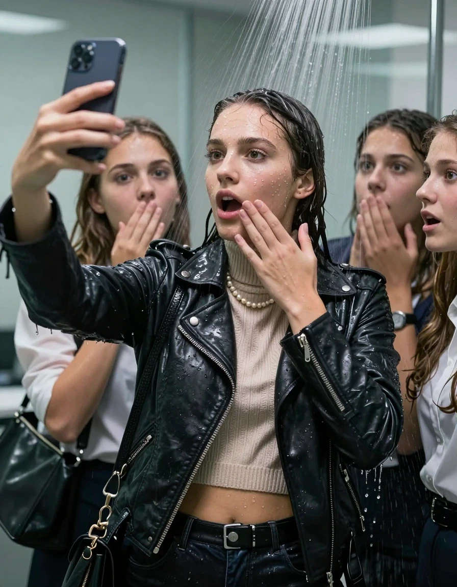 photo of young woman, in soaking wet, drenched clothes,
, , Biker leatherjacket, knit turtleneck sweater belly free, handbag, pearl necklace, bracelet, wristwatch, Under the shower, strong jet of water, at office, 
enjoying, wet clothes stuck to body,
detailed textures of the wet clothes, wet face, wet plastered hair,
wet, drenched, professional, high-quality details, full body view.
sharp focus, ultra-high pixel detail, realistic, high-quality, full colors, incredibly detailed, 4k, 8k, 16k, hyper-realistic, RAW photo, masterpiece, ultra-detailed, professionally color graded, professional photograph, 15 years old  school girl and her friends. Completely soaked to the Skin.

Only head and shoulders are over the surface visible. One Hand Covers her friends mouth. Take a Selfie with her Smartphone.

The girls wear different clothes.

she is completely underwater up to her neck, surprised and astonished expression. 

her clothing is soaking wet and clinging tightly to her skin, showing heavy wet folds, darkened fabric texture, and deep water-saturated Patches, her clothes are heavy from the water, water runs from her body and her clothes in streams. A lot of water also runs out of her clothes. Her clothes are darkened by the water. Her submerged clothes are good visible under the water.  she soaked her handbag into the water.

close up view, wet skin, wet clothes, wet hair, damp fabric, water runs down the clothes, wet skin, wet clothes, damp fabric. cinematic medium shot, hyper-realistic wetness, high-contrast water sheen, sharp focus, 16k resolution, professional photography, realistic water physics., wet skin, wet clothes, damp fabric, wet skin, wet clothes, damp fabric, wet skin, wet clothes, damp fabric, wet skin, wet clothes, damp fabric, wet skin, wet clothes, damp fabric, wet skin, wet clothes, damp fabric, wet skin, wet clothes, damp fabric, wet skin, wet clothes, damp fabric