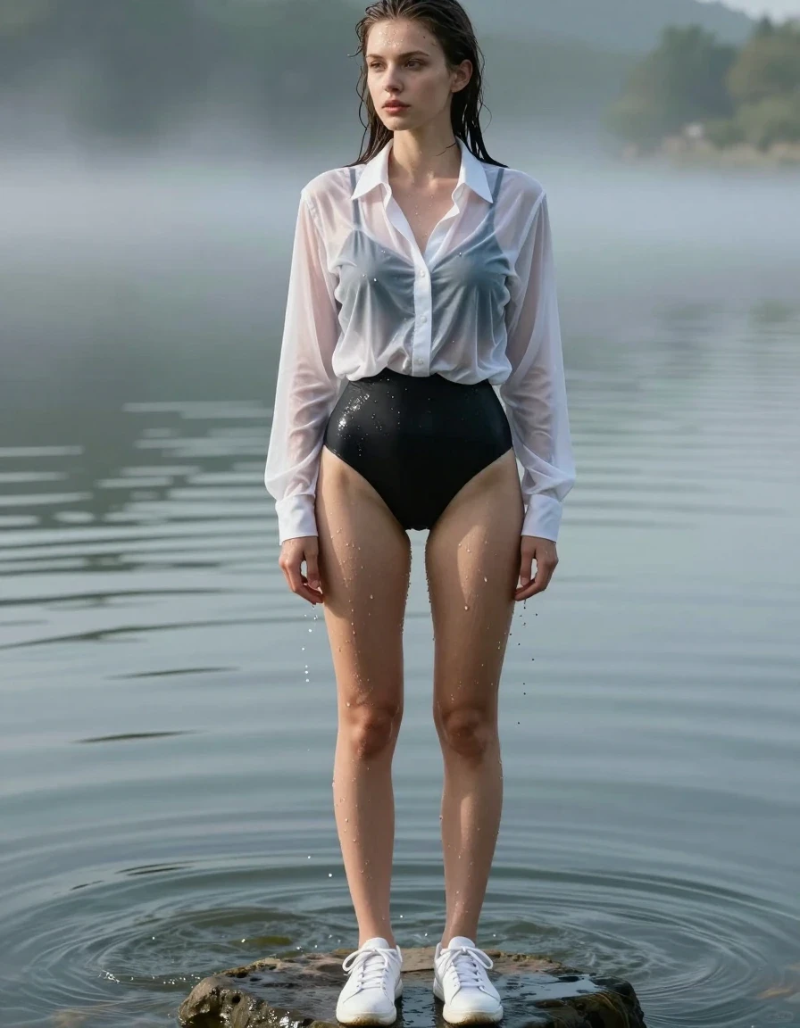 A photorealistic, high-detail full-body shot of a young adult European woman standing at the edge of a serene, misty lake. She is wearing a black one-piece swimsuit layered underneath a crisp white shirt that is completely saturated with lake water, turning the fabric translucent, heavy, and clinging tightly to her torso and skin. Her skin is glistening with water droplets and a realistic wet sheen, and her hair is wet, dark, and slicked back. She is wearing white sneakers that are soaked through, showing dark, heavy fabric textures and water-logged details. The lighting is soft, natural daylight reflecting off the ripples of the water. The scene captures the realistic weight of water-saturated clothing, deep wet folds, and intense specular highlights on the wet fabric surfaces, 8k resolution, cinematic composition, hyper-realistic textures.