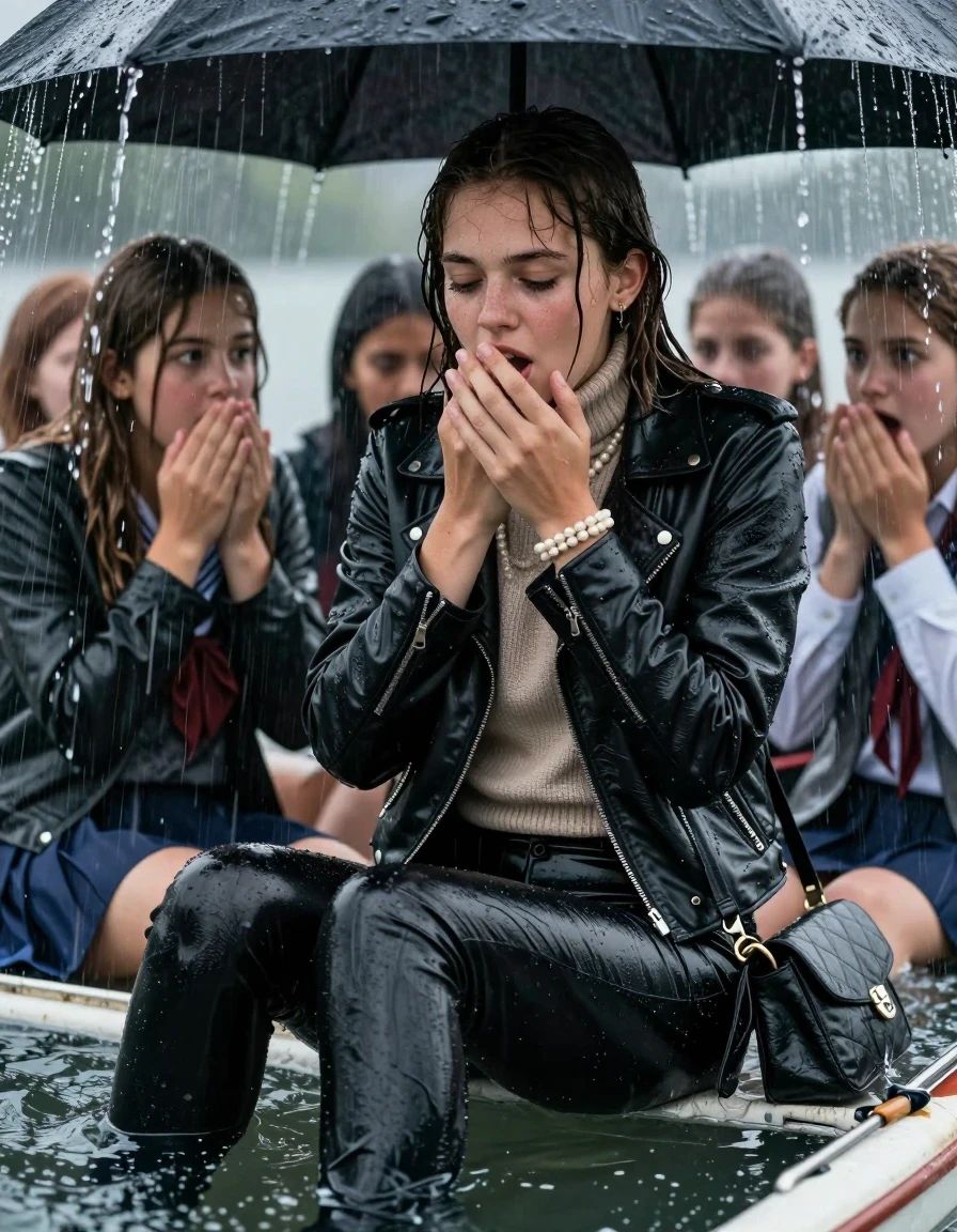 photo of young woman, in soaking wet, drenched clothes,
, Black leatherleggings , Biker leatherjacket, knit turtleneck sweater belly free, handbag, pearl necklace, bracelet, wristwatch, Sitting Under a flood of water from the canopy of a sinking boat during extremely heavy rain, 
enjoying, wet clothes stuck to body,
detailed textures of the wet clothes, wet face, wet plastered hair,
wet, drenched, professional, high-quality details, full body view.
sharp focus, ultra-high pixel detail, realistic, high-quality, full colors, incredibly detailed, 4k, 8k, 16k, hyper-realistic, RAW photo, masterpiece, ultra-detailed, professionally color graded, professional photograph, 15 years old  school girl and her friends. Completely soaked to the Skin.

Open mouth, hands on her mouth, looking down. One Hand Covers her friends mouth. 

The girls wear different clothes.

she is completely underwater up to her neck, surprised and astonished expression. 

her clothing is soaking wet and clinging tightly to her skin, showing heavy wet folds, darkened fabric texture, and deep water-saturated Patches, her clothes are heavy from the water, water runs from her body and her clothes in streams. A lot of water also runs out of her clothes. Her clothes are darkened by the water. Her submerged clothes are good visible under the water.  she soaked her handbag into the water.

close up view, wet skin, wet clothes, wet hair, damp fabric, water runs down the clothes, wet skin, wet clothes, damp fabric. cinematic medium shot, hyper-realistic wetness, high-contrast water sheen, sharp focus, 16k resolution, professional photography, realistic water physics., wet skin, wet clothes, damp fabric, wet skin, wet clothes, damp fabric, wet skin, wet clothes, damp fabric, wet skin, wet clothes, damp fabric, wet skin, wet clothes, damp fabric, wet skin, wet clothes, damp fabric, wet skin, wet clothes, damp fabric, wet skin, wet clothes, damp fabric, wet skin, wet clothes, damp fabric