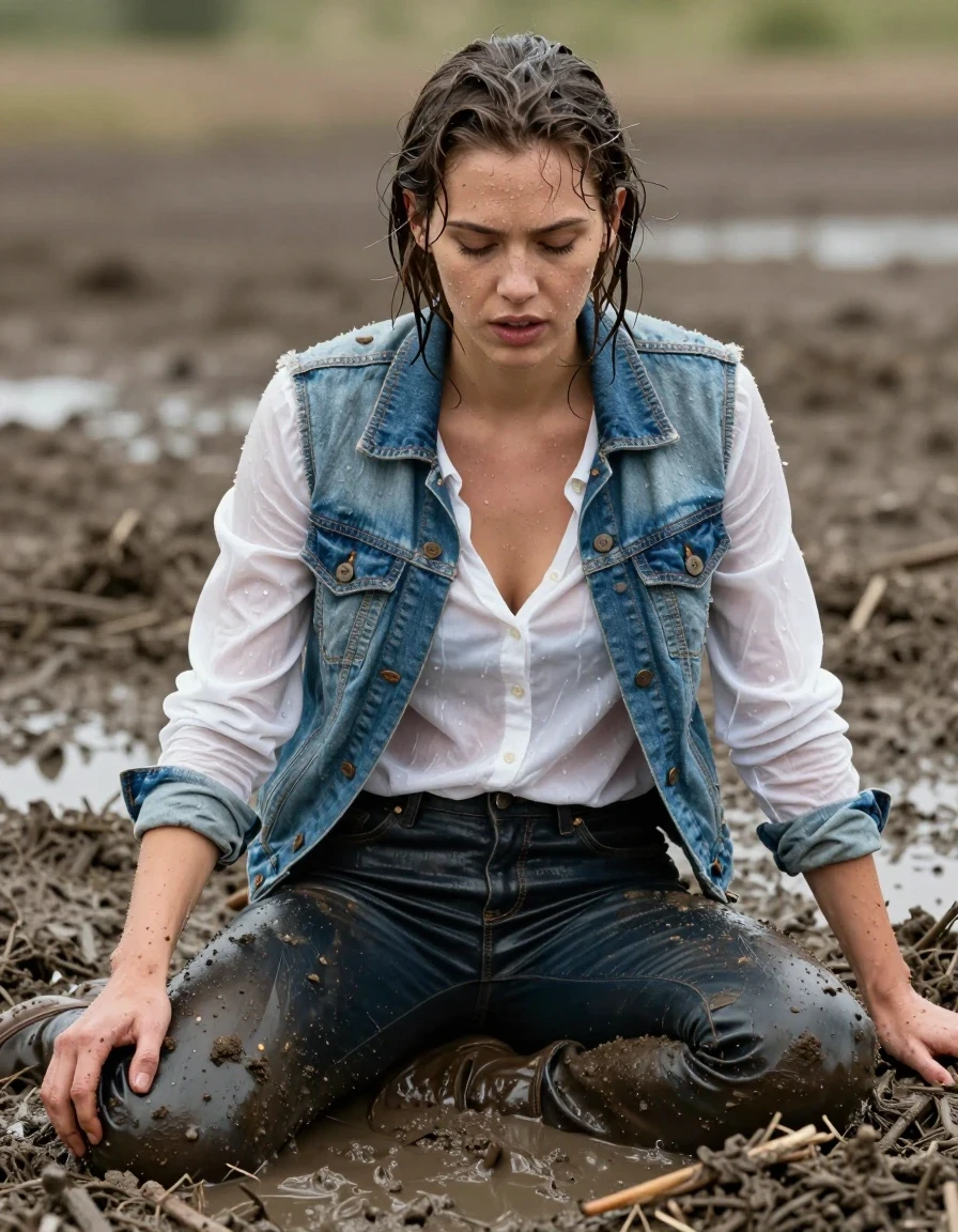 photo of young woman, in soaking wet, drenched clothes,
Lederjeans, Jeansjacke weiße bluse, Deep mud lying  fun, 
enjoying, wet clothes stuck to body,
detailed textures of the wet clothes, wet face, wet plastered hair,
wet, drenched, professional, high-quality details, full body view.
sharp focus, ultra-high pixel detail, realistic, high-quality, full colors, incredibly detailed, 4k, 8k, 16k, hyper-realistic, RAW photo, masterpiece, ultra-detailed, professionally color graded, professional photograph, wet skin, wet clothes, damp fabric