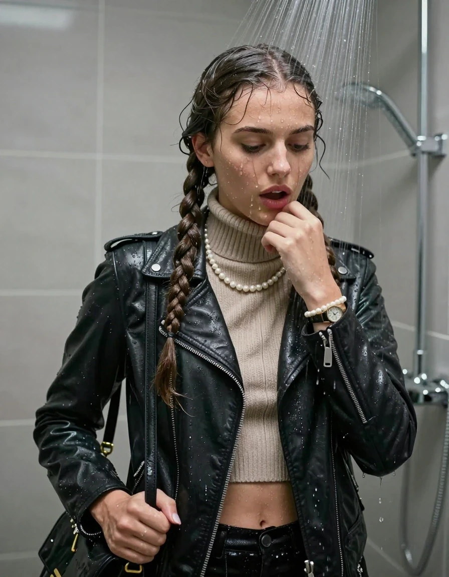 photo of young woman, in soaking wet, drenched clothes,
, , Biker leatherjacket, knit turtleneck sweater belly free, handbag, pearl necklace, bracelet, wristwatch, Under the shower, strong jet of water, in modern bathroom, 
enjoying, wet clothes stuck to body,
detailed textures of the wet clothes, wet face, wet plastered hair,
wet, drenched, professional, high-quality details, full body view.
sharp focus, ultra-high pixel detail, realistic, high-quality, full colors, incredibly detailed, 4k, 8k, 16k, hyper-realistic, RAW photo, masterpiece, ultra-detailed, professionally color graded, professional photograph, 15 years old  school girl and her friends. Completely soaked to the Skin.

Two long braids. 
Open mouth, big eyes. Looking down. One Hand over her chin. 

The girls wear different clothes.

she is completely underwater up to her neck, surprised and astonished expression. 

her clothing is soaking wet and clinging tightly to her skin, showing heavy wet folds, darkened fabric texture, and deep water-saturated Patches, her clothes are heavy from the water, water runs from her body and her clothes in streams. A lot of water also runs out of her clothes. Her clothes are darkened by the water. Her submerged clothes are good visible under the water.  she soaked her handbag into the water.

close up view, wet skin, wet clothes, wet hair, damp fabric, water runs down the clothes, wet skin, wet clothes, damp fabric. cinematic medium shot, hyper-realistic wetness, high-contrast water sheen, sharp focus, 16k resolution, professional photography, realistic water physics., wet skin, wet clothes, damp fabric, wet skin, wet clothes, damp fabric, wet skin, wet clothes, damp fabric, wet skin, wet clothes, damp fabric, wet skin, wet clothes, damp fabric, wet skin, wet clothes, damp fabric, wet skin, wet clothes, damp fabric, wet skin, wet clothes, damp fabric, wet skin, wet clothes, damp fabric