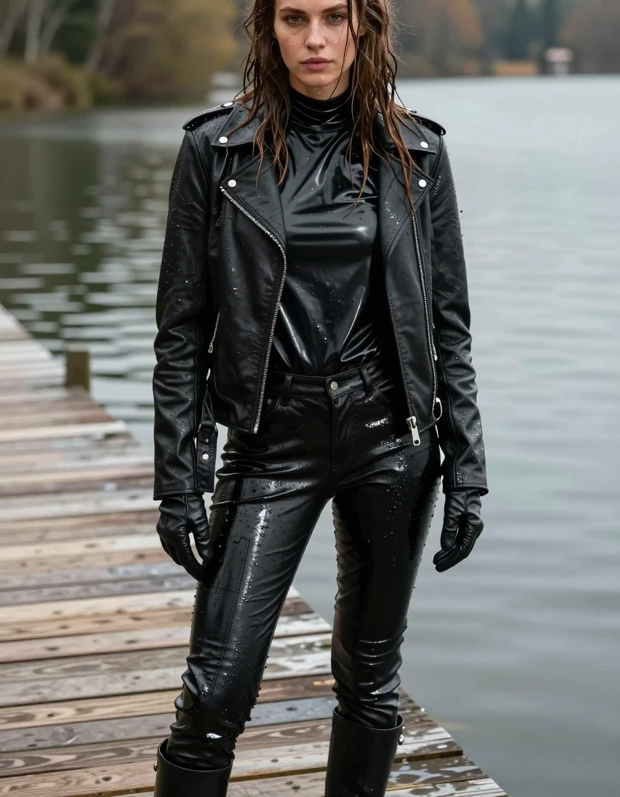 A photorealistic medium shot of a young adult European woman with long, dripping wet brown hair, standing on a wooden pier at a lake. Her skin is glistening with water droplets and a realistic wet sheen. She is wearing an oversize black vinyl polar neck shirt that clings to her frame with a high-gloss, reflective wet finish, layered under a heavy black biker leather jacket. Her hands are covered in tight-fitting black leather gloves. She is wearing black leather jeans that are visibly soaked, with deep, dark patches, heavy folds, and a strong glossy specular reflection on the seams and creases. Below, she wears black leather knee-high boots. The atmosphere is damp, with the fabric of her clothes appearing heavy and saturated with moisture. The scene is captured with sharp focus, natural daylight, and cinematic lighting that emphasizes the wet textures and water-slicked surfaces. No nudity, clean anatomy, realistic proportions.