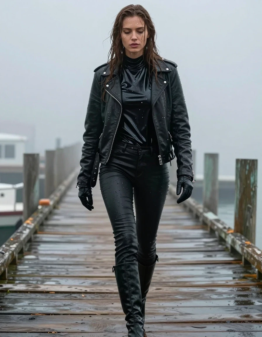 A photorealistic full-body shot of a young adult European woman with long, dripping wet brown hair, walking on a weathered wooden pier at the docks during a heavy, atmospheric mist. She is wearing an oversize black vinyl polar neck shirt with a high-gloss wet sheen, a rugged black biker's leather jacket, and form-fitting black leather jeans that cling to her legs with heavy wet folds and visible water-saturated texture. She wears black leather gloves on both hands and black leather knee-high boots. Her skin is visibly drenched, with water droplets and a glistening wet sheen. The clothing appears heavy, darkened by moisture, and clings to her frame, emphasizing the damp fabric texture. The scene is lit by moody, diffused harbor light filtering through the dense mist, highlighting the specular reflections on the wet surfaces. High-resolution, cinematic photography, sharp focus on subject, realistic anatomy, non-nude.
