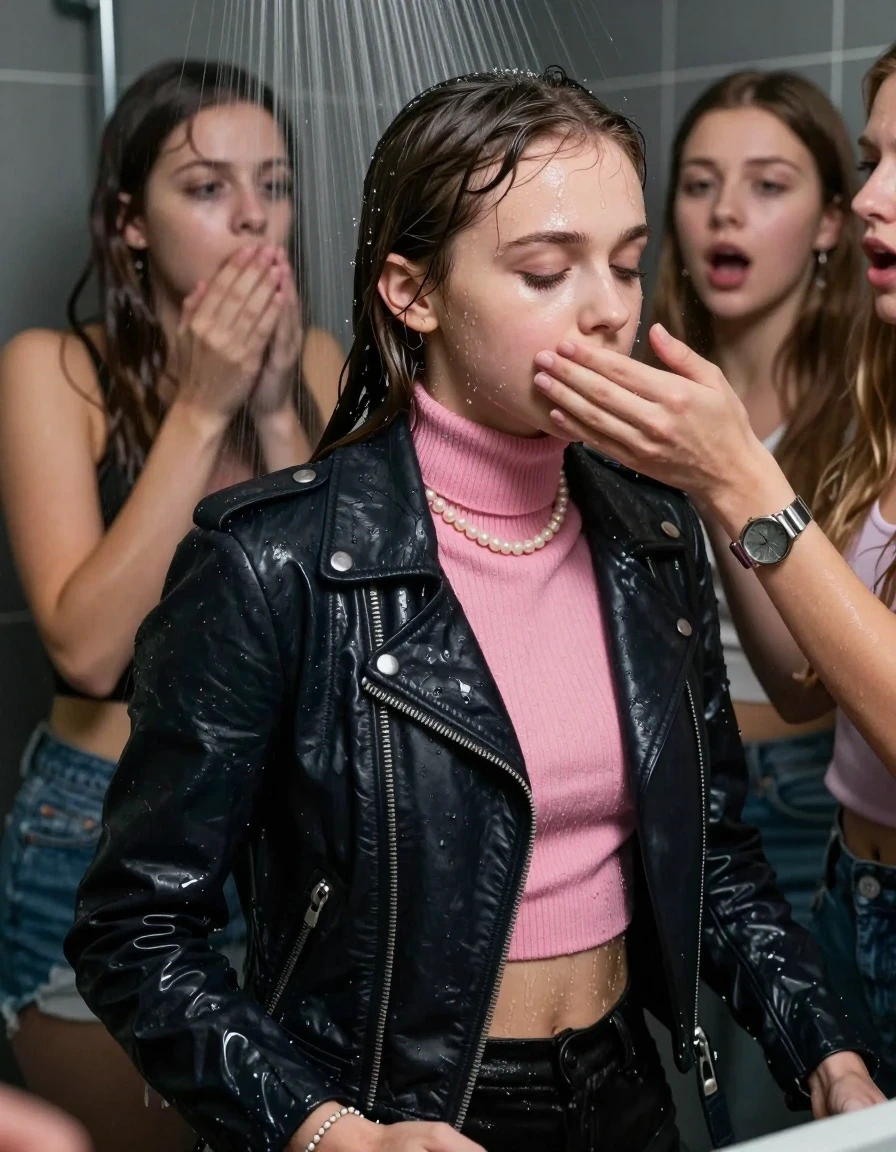 photo of young woman, in soaking wet, drenched clothes,
, , Biker leatherjacket, pink knit turtleneck sweater belly free, shoulderbag, pearl necklace, bracelet, wristwatch, Orgasm Under the shower, strong jet of water, party room, 
enjoying, wet clothes stuck to body,
detailed textures of the wet clothes, wet face, wet plastered hair,
wet, drenched, professional, high-quality details, full body view.
sharp focus, ultra-high pixel detail, realistic, high-quality, full colors, incredibly detailed, 4k, 8k, 16k, hyper-realistic, RAW photo, masterpiece, ultra-detailed, professionally color graded, professional photograph, Sleek long ponytail with bangs

 15 years old  school girl and her female  friends

Only head and shoulders are over the surface visible. Looking slightly away. Open mouth, closed eyes. Her mouth is covered by her friends Hand.

The girls wear different clothes.

she is completely underwater up to her neck, surprised and astonished expression. 

her clothing is soaking wet and clinging tightly to her skin, showing heavy wet folds, darkened fabric texture, and deep water-saturated Patches, her clothes are heavy from the water, water runs from her body and her clothes in streams. A lot of water also runs out of her clothes. Her clothes are darkened by the water. Her submerged clothes are good visible under the water.  she soaked her handbag into the water.

close up view, wet skin, wet clothes, wet hair, damp fabric, water runs down the clothes, wet skin, wet clothes, damp fabric. cinematic medium shot, hyper-realistic wetness, high-contrast water sheen, sharp focus, 16k resolution, professional photography, realistic water physics., wet skin, wet clothes, damp fabric, wet skin, wet clothes, damp fabric, wet skin, wet clothes, damp fabric, wet skin, wet clothes, damp fabric, wet skin, wet clothes, damp fabric, wet skin, wet clothes, damp fabric, wet skin, wet clothes, damp fabric