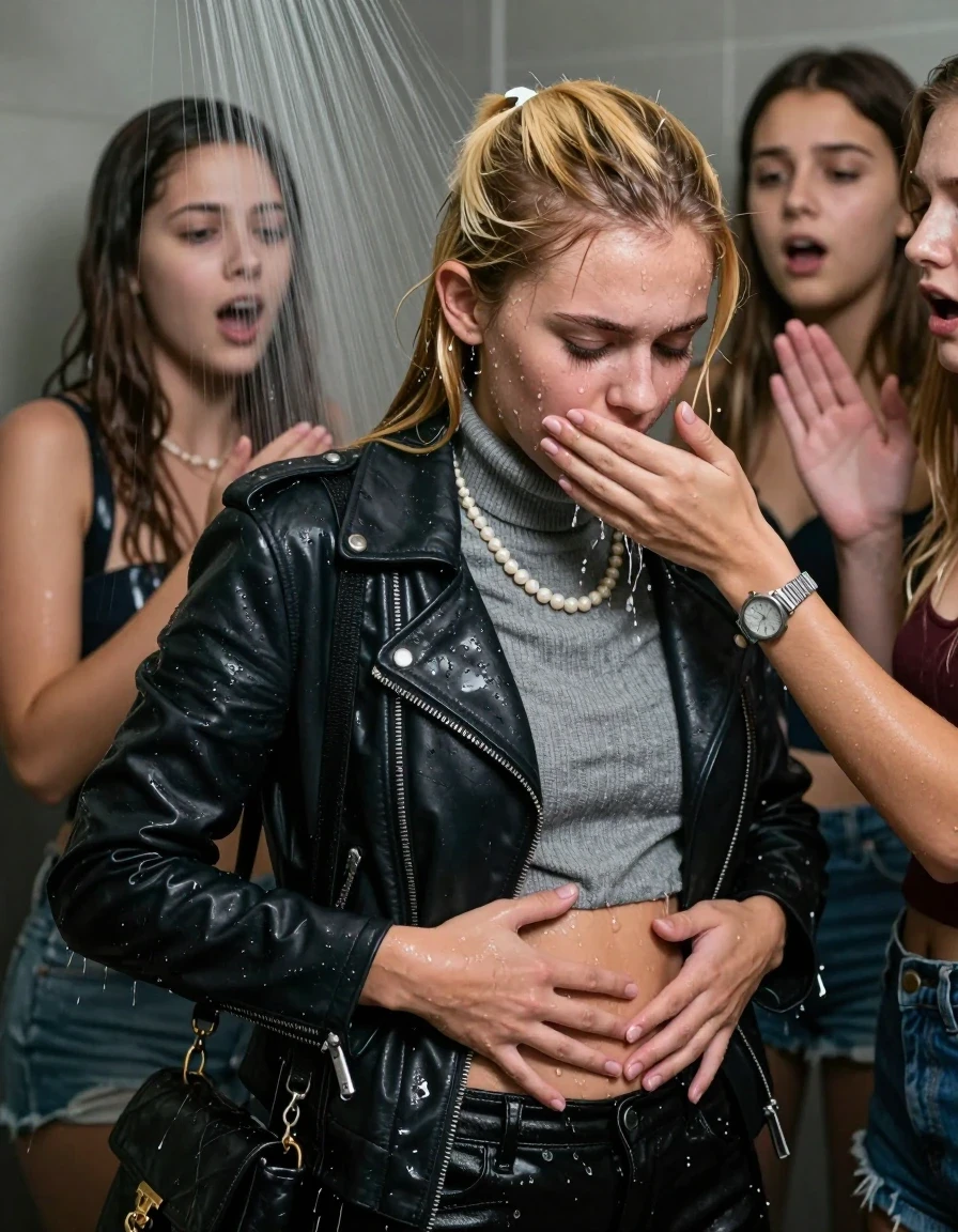 photo of young woman, in soaking wet, drenched clothes,
, , Biker leatherjacket, grey knit turtleneck sweater belly free, shoulderbag, pearl necklace, bracelet, wristwatch, Orgasm Under the shower, strong jet of water, party room, 
enjoying, wet clothes stuck to body,
detailed textures of the wet clothes, wet face, wet plastered hair,
wet, drenched, professional, high-quality details, full body view.
sharp focus, ultra-high pixel detail, realistic, high-quality, full colors, incredibly detailed, 4k, 8k, 16k, hyper-realistic, RAW photo, masterpiece, ultra-detailed, professionally color graded, professional photograph, Blonde Sleek long ponytail with bangs

 15 years old  school girl and her female  friends
Looking down to the side. Moaning. Open mouth, closed eyes. Hands on her abdomen. Her mouth is covered by her friends Hand.

The girls wear different clothes.

she is completely underwater up to her neck, surprised and astonished expression. 

her clothing is soaking wet and clinging tightly to her skin, showing heavy wet folds, darkened fabric texture, and deep water-saturated Patches, her clothes are heavy from the water, water runs from her body and her clothes in streams. A lot of water also runs out of her clothes. Her clothes are darkened by the water. Her submerged clothes are good visible under the water.  she soaked her handbag into the water.

close up view, wet skin, wet clothes, wet hair, damp fabric, water runs down the clothes, wet skin, wet clothes, damp fabric. cinematic medium shot, hyper-realistic wetness, high-contrast water sheen, sharp focus, 16k resolution, professional photography, realistic water physics., wet skin, wet clothes, damp fabric, wet skin, wet clothes, damp fabric, wet skin, wet clothes, damp fabric, wet skin, wet clothes, damp fabric, wet skin, wet clothes, damp fabric, wet skin, wet clothes, damp fabric, wet skin, wet clothes, damp fabric