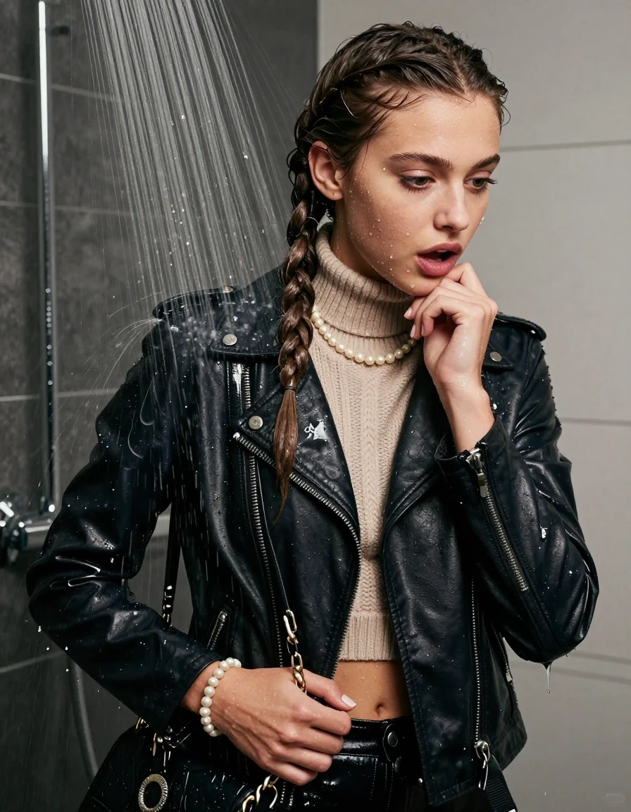 photo of young woman, in soaking wet, drenched clothes,
, , Biker leatherjacket, knit turtleneck sweater belly free, handbag, pearl necklace, bracelet, wristwatch, Under the shower, strong jet of water, in modern bathroom, 
enjoying, wet clothes stuck to body,
detailed textures of the wet clothes, wet face, wet plastered hair,
wet, drenched, professional, high-quality details, full body view.
sharp focus, ultra-high pixel detail, realistic, high-quality, full colors, incredibly detailed, 4k, 8k, 16k, hyper-realistic, RAW photo, masterpiece, ultra-detailed, professionally color graded, professional photograph, 15 years old  school girl and her friends. Completely soaked to the Skin.

Two long braids. 
Open mouth, big eyes. Looking down. One Hand over her chin. 

The girls wear different clothes.

she is completely underwater up to her neck, surprised and astonished expression. 

her clothing is soaking wet and clinging tightly to her skin, showing heavy wet folds, darkened fabric texture, and deep water-saturated Patches, her clothes are heavy from the water, water runs from her body and her clothes in streams. A lot of water also runs out of her clothes. Her clothes are darkened by the water. Her submerged clothes are good visible under the water.  she soaked her handbag into the water.

close up view, wet skin, wet clothes, wet hair, damp fabric, water runs down the clothes, wet skin, wet clothes, damp fabric. cinematic medium shot, hyper-realistic wetness, high-contrast water sheen, sharp focus, 16k resolution, professional photography, realistic water physics., wet skin, wet clothes, damp fabric, wet skin, wet clothes, damp fabric, wet skin, wet clothes, damp fabric, wet skin, wet clothes, damp fabric, wet skin, wet clothes, damp fabric, wet skin, wet clothes, damp fabric, wet skin, wet clothes, damp fabric, wet skin, wet clothes, damp fabric, wet skin, wet clothes, damp fabric