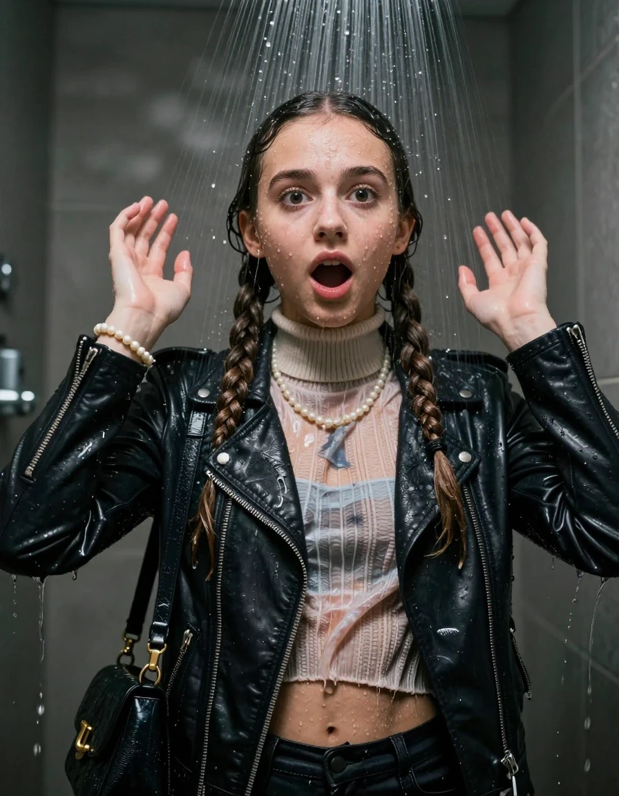 photo of young woman, in soaking wet, drenched clothes,
, , Biker leatherjacket, knit turtleneck sweater belly free, handbag, pearl necklace, bracelet, wristwatch, Under the shower, strong jet of water, party room, 
enjoying, wet clothes stuck to body,
detailed textures of the wet clothes, wet face, wet plastered hair,
wet, drenched, professional, high-quality details, full body view.
sharp focus, ultra-high pixel detail, realistic, high-quality, full colors, incredibly detailed, 4k, 8k, 16k, hyper-realistic, RAW photo, masterpiece, ultra-detailed, professionally color graded, professional photograph, Two long braids 

 15 years old  school girl

Only head and shoulders are over the surface visible. Open mouth, big eyes. Looking at Camera. Hands up.

The girls wear different clothes.

she is completely underwater up to her neck, surprised and astonished expression. 

her clothing is soaking wet and clinging tightly to her skin, showing heavy wet folds, darkened fabric texture, and deep water-saturated Patches, her clothes are heavy from the water, water runs from her body and her clothes in streams. A lot of water also runs out of her clothes. Her clothes are darkened by the water. Her submerged clothes are good visible under the water.  she soaked her handbag into the water.

close up view, wet skin, wet clothes, wet hair, damp fabric, water runs down the clothes, wet skin, wet clothes, damp fabric. cinematic medium shot, hyper-realistic wetness, high-contrast water sheen, sharp focus, 16k resolution, professional photography, realistic water physics., wet skin, wet clothes, damp fabric, wet skin, wet clothes, damp fabric, wet skin, wet clothes, damp fabric, wet skin, wet clothes, damp fabric, wet skin, wet clothes, damp fabric