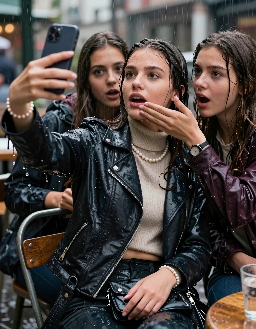 photo of young woman, in soaking wet, drenched clothes,
, , Biker leatherjacket, knit turtleneck sweater belly free, handbag, pearl necklace, bracelet, wristwatch, Sitting Under heavy Rain at outdoor Restaurant , strong jet of water, 
enjoying, wet clothes stuck to body,
detailed textures of the wet clothes, wet face, wet plastered hair,
wet, drenched, professional, high-quality details, full body view.
sharp focus, ultra-high pixel detail, realistic, high-quality, full colors, incredibly detailed, 4k, 8k, 16k, hyper-realistic, RAW photo, masterpiece, ultra-detailed, professionally color graded, professional photograph, 15 years old  school girl and her friends. Completely soaked to the Skin.

Only head and shoulders are over the surface visible. One Hand Covers her friends mouth. Take a Selfie with her Smartphone.

The girls wear different clothes.

she is completely underwater up to her neck, surprised and astonished expression. 

her clothing is soaking wet and clinging tightly to her skin, showing heavy wet folds, darkened fabric texture, and deep water-saturated Patches, her clothes are heavy from the water, water runs from her body and her clothes in streams. A lot of water also runs out of her clothes. Her clothes are darkened by the water. Her submerged clothes are good visible under the water.  she soaked her handbag into the water.

close up view, wet skin, wet clothes, wet hair, damp fabric, water runs down the clothes, wet skin, wet clothes, damp fabric. cinematic medium shot, hyper-realistic wetness, high-contrast water sheen, sharp focus, 16k resolution, professional photography, realistic water physics., wet skin, wet clothes, damp fabric, wet skin, wet clothes, damp fabric, wet skin, wet clothes, damp fabric, wet skin, wet clothes, damp fabric, wet skin, wet clothes, damp fabric, wet skin, wet clothes, damp fabric, wet skin, wet clothes, damp fabric, wet skin, wet clothes, damp fabric