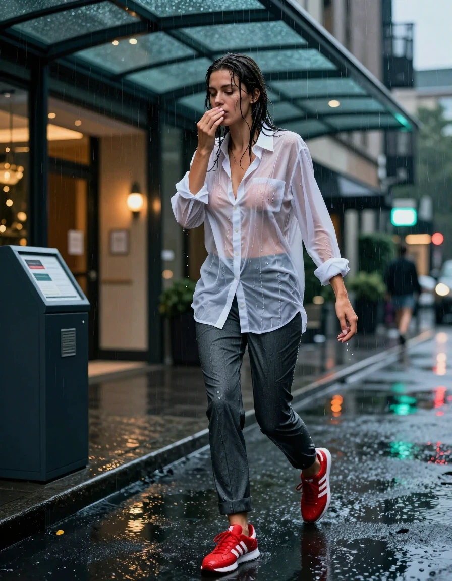 photo of young woman, in soaking wet, drenched clothes,
Red adidas sneakers soaked with dark puddles, slim-fit charcoal grey wool trousers clinging to skin, sheer white oversized button-down shirt drenched and transparent, under the glowing glass canopy of an upscale hotel driveway at night, 
enjoying, wet clothes stuck to body,
detailed textures of the wet clothes, wet face, wet plastered hair,
wet, drenched, professional, high-quality details, full body view.
sharp focus, ultra-high pixel detail, realistic, high-quality, full colors, incredibly detailed, 4k, 8k, 16k, hyper-realistic, RAW photo, masterpiece, ultra-detailed, professionally color graded, professional photograph, woman shielding her face from a heavy rainstorm while rushing toward a valet stand, fabric clinging to frame, high-speed flash photography, candid paparazzi style, wide-angle cinematic framing, rain droplets suspended in air, hyper-realistic textures, vibrant ambient neon reflections, sharp focus., wet skin, wet clothes, damp fabric