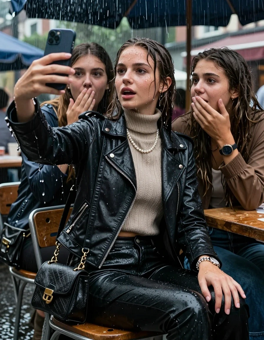photo of young woman, in soaking wet, drenched clothes,
, , Biker leatherjacket, knit turtleneck sweater belly free, handbag, pearl necklace, bracelet, wristwatch, Sitting Under a flood of water from the canopy of an outdoor restaurant during extremely heavy rain, 
enjoying, wet clothes stuck to body,
detailed textures of the wet clothes, wet face, wet plastered hair,
wet, drenched, professional, high-quality details, full body view.
sharp focus, ultra-high pixel detail, realistic, high-quality, full colors, incredibly detailed, 4k, 8k, 16k, hyper-realistic, RAW photo, masterpiece, ultra-detailed, professionally color graded, professional photograph, 15 years old  school girl and her friends. Completely soaked to the Skin.

Open mouth, hands down, looking slightly away. One Hand Covers her friends mouth. Take a Selfie with her smartphone. 

The girls wear different clothes.

she is completely underwater up to her neck, surprised and astonished expression. 

her clothing is soaking wet and clinging tightly to her skin, showing heavy wet folds, darkened fabric texture, and deep water-saturated Patches, her clothes are heavy from the water, water runs from her body and her clothes in streams. A lot of water also runs out of her clothes. Her clothes are darkened by the water. Her submerged clothes are good visible under the water.  she soaked her handbag into the water.

close up view, wet skin, wet clothes, wet hair, damp fabric, water runs down the clothes, wet skin, wet clothes, damp fabric. cinematic medium shot, hyper-realistic wetness, high-contrast water sheen, sharp focus, 16k resolution, professional photography, realistic water physics., wet skin, wet clothes, damp fabric, wet skin, wet clothes, damp fabric, wet skin, wet clothes, damp fabric, wet skin, wet clothes, damp fabric, wet skin, wet clothes, damp fabric, wet skin, wet clothes, damp fabric, wet skin, wet clothes, damp fabric, wet skin, wet clothes, damp fabric, wet skin, wet clothes, damp fabric
