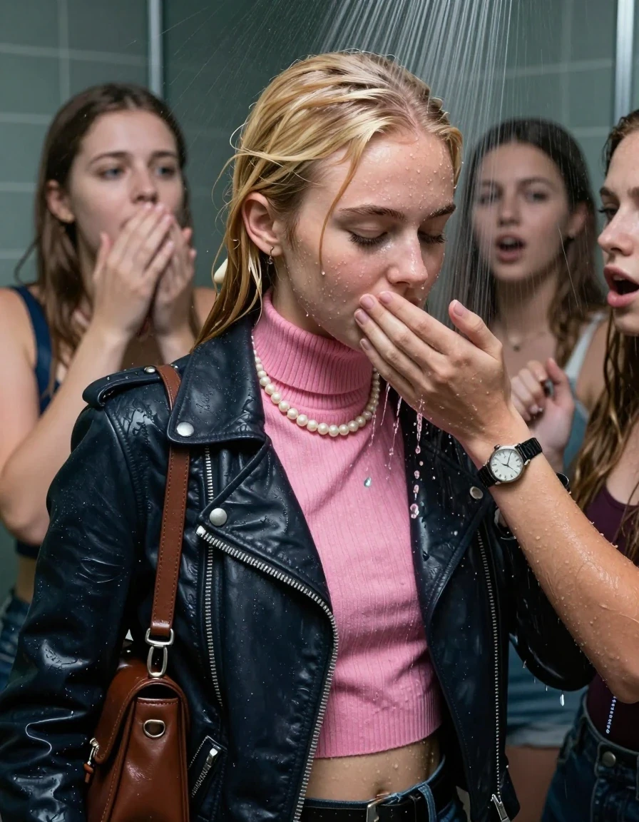 photo of young woman, in soaking wet, drenched clothes,
, , Biker leatherjacket, pink knit turtleneck sweater belly free, shoulderbag, pearl necklace, bracelet, wristwatch, Orgasm Under the shower, strong jet of water, party room, 
enjoying, wet clothes stuck to body,
detailed textures of the wet clothes, wet face, wet plastered hair,
wet, drenched, professional, high-quality details, full body view.
sharp focus, ultra-high pixel detail, realistic, high-quality, full colors, incredibly detailed, 4k, 8k, 16k, hyper-realistic, RAW photo, masterpiece, ultra-detailed, professionally color graded, professional photograph, Blonde Sleek long ponytail with bangs

 15 years old  school girl and her female  friends

Only head and shoulders are over the surface visible. Looking down slightly away. Open mouth, closed eyes. Her mouth is covered by her friends Hand.

The girls wear different clothes.

she is completely underwater up to her neck, surprised and astonished expression. 

her clothing is soaking wet and clinging tightly to her skin, showing heavy wet folds, darkened fabric texture, and deep water-saturated Patches, her clothes are heavy from the water, water runs from her body and her clothes in streams. A lot of water also runs out of her clothes. Her clothes are darkened by the water. Her submerged clothes are good visible under the water.  she soaked her handbag into the water.

close up view, wet skin, wet clothes, wet hair, damp fabric, water runs down the clothes, wet skin, wet clothes, damp fabric. cinematic medium shot, hyper-realistic wetness, high-contrast water sheen, sharp focus, 16k resolution, professional photography, realistic water physics., wet skin, wet clothes, damp fabric, wet skin, wet clothes, damp fabric, wet skin, wet clothes, damp fabric, wet skin, wet clothes, damp fabric, wet skin, wet clothes, damp fabric, wet skin, wet clothes, damp fabric, wet skin, wet clothes, damp fabric