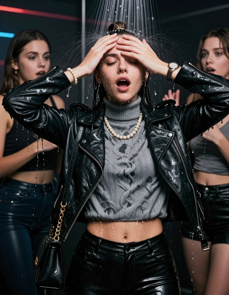 photo of young woman, in soaking wet, drenched clothes,
, Black leatherleggings , Biker leatherjacket, grey knit turtleneck sweater belly free, handbag, pearl necklace, bracelet, wristwatch, Orgasm Under the shower, strong jet of water, at a Night Club , 
enjoying, wet clothes stuck to body,
detailed textures of the wet clothes, wet face, wet plastered hair,
wet, drenched, professional, high-quality details, full body view.
sharp focus, ultra-high pixel detail, realistic, high-quality, full colors, incredibly detailed, 4k, 8k, 16k, hyper-realistic, RAW photo, masterpiece, ultra-detailed, professionally color graded, professional photograph, Topknot

 15 years old  school girl and her female  friends

Only head and shoulders are over the surface visible. Looking up. Open mouth, closed eyes. Hands on her forehead. Her mouth is covered by her friends Hand.

The girls wear different clothes.

she is completely underwater up to her neck, surprised and astonished expression. 

her clothing is soaking wet and clinging tightly to her skin, showing heavy wet folds, darkened fabric texture, and deep water-saturated Patches, her clothes are heavy from the water, water runs from her body and her clothes in streams. A lot of water also runs out of her clothes. Her clothes are darkened by the water. Her submerged clothes are good visible under the water.  she soaked her handbag into the water.

close up view, wet skin, wet clothes, wet hair, damp fabric, water runs down the clothes, wet skin, wet clothes, damp fabric. cinematic medium shot, hyper-realistic wetness, high-contrast water sheen, sharp focus, 16k resolution, professional photography, realistic water physics., wet skin, wet clothes, damp fabric, wet skin, wet clothes, damp fabric, wet skin, wet clothes, damp fabric, wet skin, wet clothes, damp fabric, wet skin, wet clothes, damp fabric, wet skin, wet clothes, damp fabric