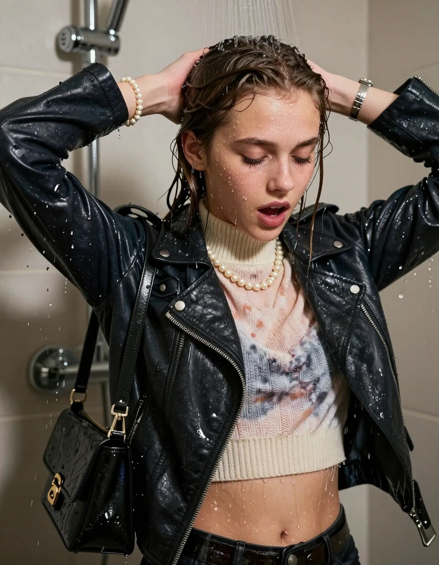photo of young woman, in soaking wet, drenched clothes,
, , Biker leatherjacket, knit turtleneck sweater belly free, handbag, pearl necklace, bracelet, wristwatch, Under the shower, strong jet of water, party room, 
enjoying, wet clothes stuck to body,
detailed textures of the wet clothes, wet face, wet plastered hair,
wet, drenched, professional, high-quality details, full body view.
sharp focus, ultra-high pixel detail, realistic, high-quality, full colors, incredibly detailed, 4k, 8k, 16k, hyper-realistic, RAW photo, masterpiece, ultra-detailed, professionally color graded, professional photograph, Collarbone bob

 15 years old  school girl

Only head and shoulders are over the surface visible. Open mouth, closed eyes. Looking down. Hands up. Holds on to the shower.

The girls wear different clothes.

she is completely underwater up to her neck, surprised and astonished expression. 

her clothing is soaking wet and clinging tightly to her skin, showing heavy wet folds, darkened fabric texture, and deep water-saturated Patches, her clothes are heavy from the water, water runs from her body and her clothes in streams. A lot of water also runs out of her clothes. Her clothes are darkened by the water. Her submerged clothes are good visible under the water.  she soaked her handbag into the water.

close up view, wet skin, wet clothes, wet hair, damp fabric, water runs down the clothes, wet skin, wet clothes, damp fabric. cinematic medium shot, hyper-realistic wetness, high-contrast water sheen, sharp focus, 16k resolution, professional photography, realistic water physics., wet skin, wet clothes, damp fabric, wet skin, wet clothes, damp fabric, wet skin, wet clothes, damp fabric, wet skin, wet clothes, damp fabric, wet skin, wet clothes, damp fabric