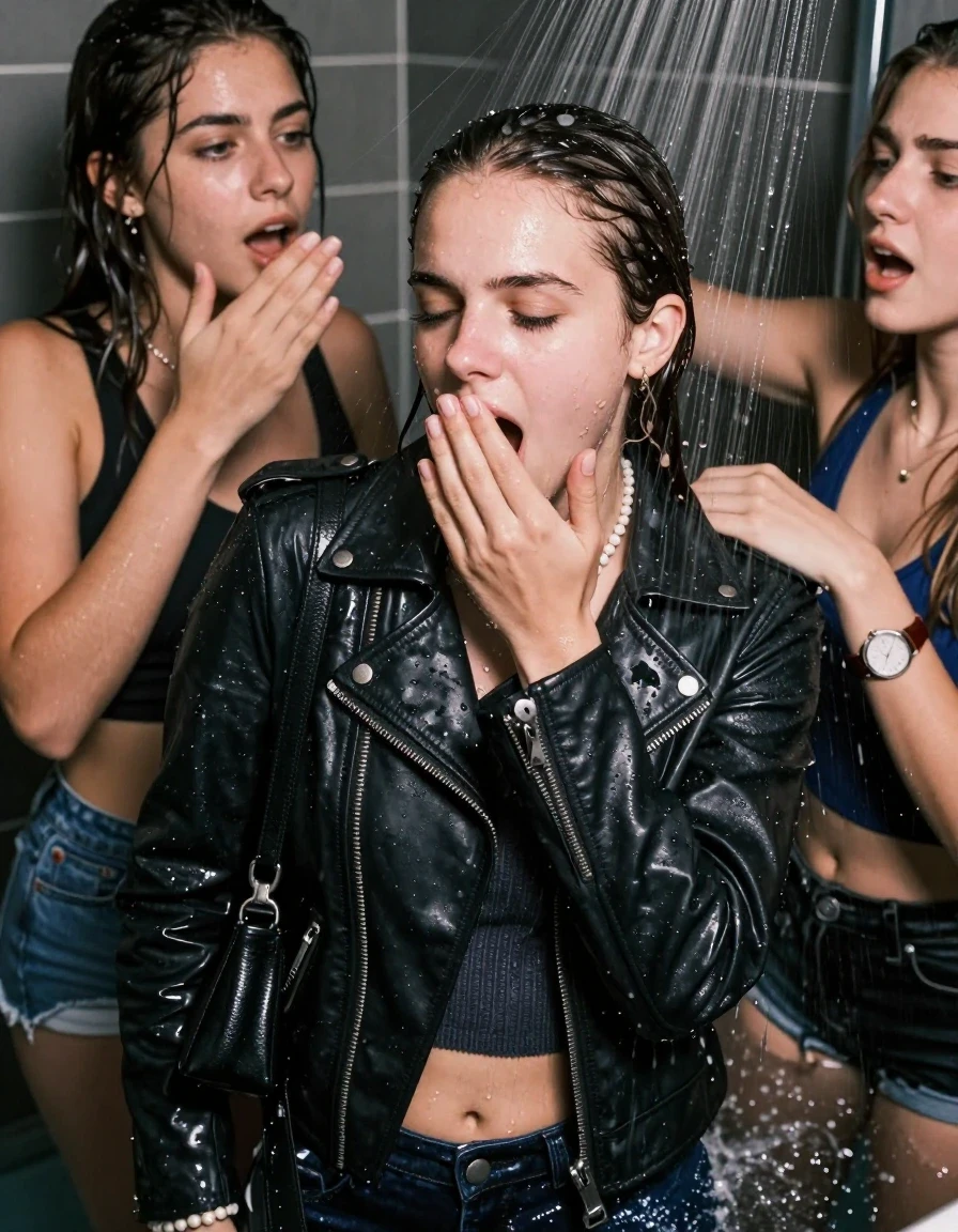 photo of young woman, in soaking wet, drenched clothes,
, , Biker leatherjacket, sweater belly free, shoulderbag, pearl necklace, bracelet, wristwatch, Orgasm Under the shower, strong jet of water, party room, 
enjoying, wet clothes stuck to body,
detailed textures of the wet clothes, wet face, wet plastered hair,
wet, drenched, professional, high-quality details, full body view.
sharp focus, ultra-high pixel detail, realistic, high-quality, full colors, incredibly detailed, 4k, 8k, 16k, hyper-realistic, RAW photo, masterpiece, ultra-detailed, professionally color graded, professional photograph, Sleek long ponytail with bangs

 15 years old  school girl and her female  friends

Only head and shoulders are over the surface visible. Looking down to the side. Open mouth, closed eyes, yawning.  Her mouth is covered by her friends Hand. hugs her friend.

The girls wear different clothes. All girls have an orgasm. 

she is completely underwater up to her neck, surprised and astonished expression. 

her clothing is soaking wet and clinging tightly to her skin, showing heavy wet folds, darkened fabric texture, and deep water-saturated Patches, her clothes are heavy from the water, water runs from her body and her clothes in streams. A lot of water also runs out of her clothes. Her clothes are darkened by the water. Her submerged clothes are good visible under the water.  she soaked her handbag into the water.

close up view, wet skin, wet clothes, wet hair, damp fabric, water runs down the clothes, wet skin, wet clothes, damp fabric. cinematic medium shot, hyper-realistic wetness, high-contrast water sheen, sharp focus, 16k resolution, professional photography, realistic water physics., wet skin, wet clothes, damp fabric, wet skin, wet clothes, damp fabric, wet skin, wet clothes, damp fabric, wet skin, wet clothes, damp fabric, wet skin, wet clothes, damp fabric, wet skin, wet clothes, damp fabric, wet skin, wet clothes, damp fabric, wet skin, wet clothes, damp fabric