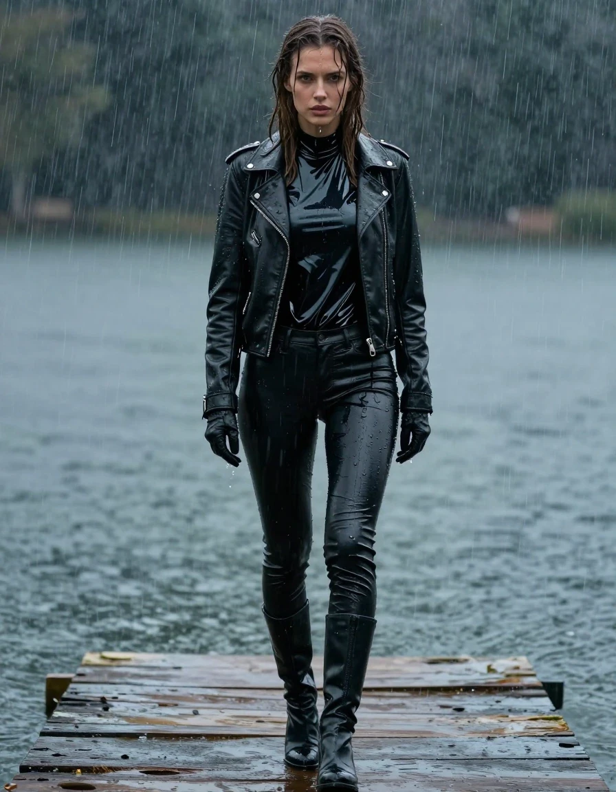 A photorealistic full-body shot of a young adult European woman with long, dripping wet brown hair, standing on a weathered wooden pier at a lake during a torrential downpour. She is drenched, with water streaming down her wet skin and soaking her layered outfit. She wears an oversize black vinyl polar neck shirt with a high-gloss, reflective wet sheen, layered under a heavy black biker leather jacket that is saturated and darkened by the rain. She wears tight black leather jeans that cling to her legs, showing deep, dark, water-soaked patches, heavy wet folds, and intense specular reflections on the material's surface. On her hands are black leather gloves, and she is wearing black leather knee-high boots. The environment is dark and atmospheric, with heavy rain visible in the air, creating a moody, cinematic aesthetic. The lighting is cold and diffuse, emphasizing the wetness of the skin and the heavy, clinging texture of the saturated fabrics. High-resolution photography, sharp focus on textures, 8k, realistic water droplets, no nudity, clean anatomy.