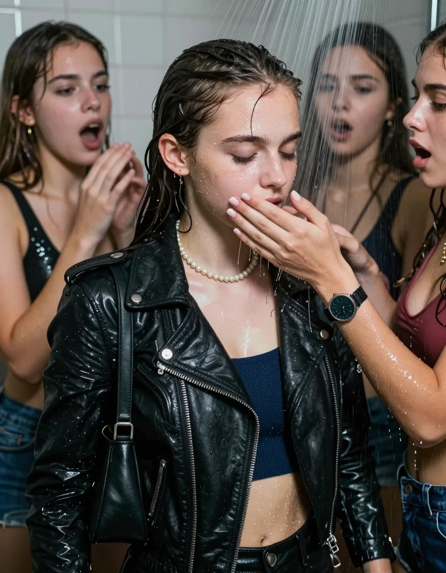 photo of young woman, in soaking wet, drenched clothes,
, , Biker leatherjacket, sweater belly free, shoulderbag, pearl necklace, bracelet, wristwatch, Orgasm Under the shower, strong jet of water, party room, 
enjoying, wet clothes stuck to body,
detailed textures of the wet clothes, wet face, wet plastered hair,
wet, drenched, professional, high-quality details, full body view.
sharp focus, ultra-high pixel detail, realistic, high-quality, full colors, incredibly detailed, 4k, 8k, 16k, hyper-realistic, RAW photo, masterpiece, ultra-detailed, professionally color graded, professional photograph, Sleek long ponytail with bangs

 15 years old  school girl and her female  friends

Only head and shoulders are over the surface visible. Looking down to the side. Open mouth, closed eyes. Her mouth is covered by her friends Hand. hugs her friend.

The girls wear different clothes. All girls have an orgasm. 

she is completely underwater up to her neck, surprised and astonished expression. 

her clothing is soaking wet and clinging tightly to her skin, showing heavy wet folds, darkened fabric texture, and deep water-saturated Patches, her clothes are heavy from the water, water runs from her body and her clothes in streams. A lot of water also runs out of her clothes. Her clothes are darkened by the water. Her submerged clothes are good visible under the water.  she soaked her handbag into the water.

close up view, wet skin, wet clothes, wet hair, damp fabric, water runs down the clothes, wet skin, wet clothes, damp fabric. cinematic medium shot, hyper-realistic wetness, high-contrast water sheen, sharp focus, 16k resolution, professional photography, realistic water physics., wet skin, wet clothes, damp fabric, wet skin, wet clothes, damp fabric, wet skin, wet clothes, damp fabric, wet skin, wet clothes, damp fabric, wet skin, wet clothes, damp fabric, wet skin, wet clothes, damp fabric, wet skin, wet clothes, damp fabric, wet skin, wet clothes, damp fabric