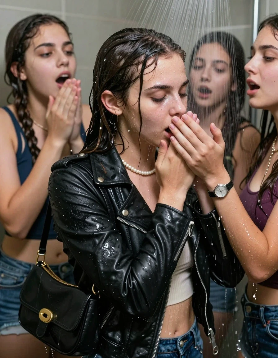 photo of young woman, in soaking wet, drenched clothes,
, , Biker leatherjacket, sweater belly free, shoulderbag, pearl necklace, bracelet, wristwatch, Orgasm Under the shower, strong jet of water, party room, 
enjoying, wet clothes stuck to body,
detailed textures of the wet clothes, wet face, wet plastered hair,
wet, drenched, professional, high-quality details, full body view.
sharp focus, ultra-high pixel detail, realistic, high-quality, full colors, incredibly detailed, 4k, 8k, 16k, hyper-realistic, RAW photo, masterpiece, ultra-detailed, professionally color graded, professional photograph, Sleek long ponytail with bangs

 15 years old  school girl and her female  friends

Only head and shoulders are over the surface visible. Looking down to the side. Open mouth, closed eyes. Her mouth is covered by her friends Hand. hugs her friend.

The girls wear different clothes. All girls have an orgasm. 

she is completely underwater up to her neck, surprised and astonished expression. 

her clothing is soaking wet and clinging tightly to her skin, showing heavy wet folds, darkened fabric texture, and deep water-saturated Patches, her clothes are heavy from the water, water runs from her body and her clothes in streams. A lot of water also runs out of her clothes. Her clothes are darkened by the water. Her submerged clothes are good visible under the water.  she soaked her handbag into the water.

close up view, wet skin, wet clothes, wet hair, damp fabric, water runs down the clothes, wet skin, wet clothes, damp fabric. cinematic medium shot, hyper-realistic wetness, high-contrast water sheen, sharp focus, 16k resolution, professional photography, realistic water physics., wet skin, wet clothes, damp fabric, wet skin, wet clothes, damp fabric, wet skin, wet clothes, damp fabric, wet skin, wet clothes, damp fabric, wet skin, wet clothes, damp fabric, wet skin, wet clothes, damp fabric, wet skin, wet clothes, damp fabric, wet skin, wet clothes, damp fabric
