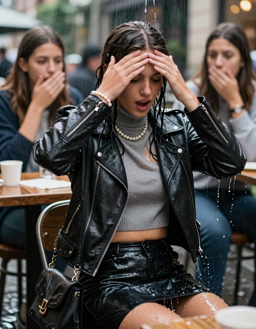 photo of young woman, in soaking wet, drenched clothes,
, , Biker leatherjacket, knit turtleneck sweater belly free, handbag, pearl necklace, bracelet, wristwatch, Sitting Under heavy Rain at outdoor Restaurant , strong jet of water, 
enjoying, wet clothes stuck to body,
detailed textures of the wet clothes, wet face, wet plastered hair,
wet, drenched, professional, high-quality details, full body view.
sharp focus, ultra-high pixel detail, realistic, high-quality, full colors, incredibly detailed, 4k, 8k, 16k, hyper-realistic, RAW photo, masterpiece, ultra-detailed, professionally color graded, professional photograph, 15 years old  school girl and her friends. Completely soaked to the Skin.

Open mouth, hands on her forehead, looking down. One Hand Covers her friends mouth. 

The girls wear different clothes.

she is completely underwater up to her neck, surprised and astonished expression. 

her clothing is soaking wet and clinging tightly to her skin, showing heavy wet folds, darkened fabric texture, and deep water-saturated Patches, her clothes are heavy from the water, water runs from her body and her clothes in streams. A lot of water also runs out of her clothes. Her clothes are darkened by the water. Her submerged clothes are good visible under the water.  she soaked her handbag into the water.

close up view, wet skin, wet clothes, wet hair, damp fabric, water runs down the clothes, wet skin, wet clothes, damp fabric. cinematic medium shot, hyper-realistic wetness, high-contrast water sheen, sharp focus, 16k resolution, professional photography, realistic water physics., wet skin, wet clothes, damp fabric, wet skin, wet clothes, damp fabric, wet skin, wet clothes, damp fabric, wet skin, wet clothes, damp fabric, wet skin, wet clothes, damp fabric, wet skin, wet clothes, damp fabric, wet skin, wet clothes, damp fabric, wet skin, wet clothes, damp fabric
