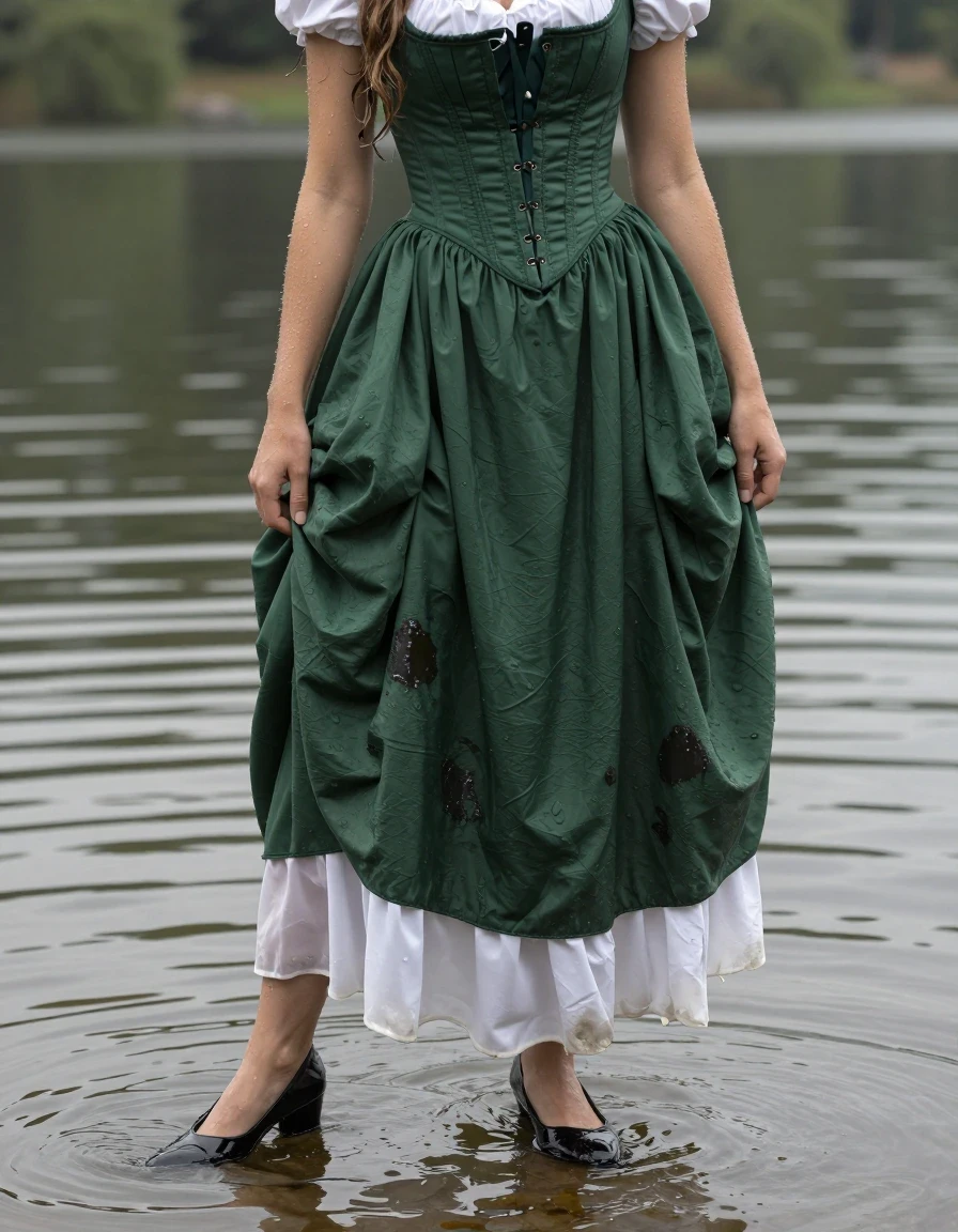 Full body shot of a young adult European woman standing in the shallow waters of a serene lake. She is wearing a structured corset top and a long Victorian skirt in dark green, layered over a white underskirt. The fabric is thoroughly soaked and heavy with water, the dark green skirt clinging to her legs with deep, wet folds and darker saturated patches, while the white underskirt is translucent and dripping. She wears sleek black heels that are partially submerged in the lake water. Her skin and hair are glistening with wetness, with water droplets and a high-sheen wet texture visible. The scene is captured with photorealistic detail, emphasizing the heavy, water-logged texture of the Victorian-style garments, the reflection of the lake surface on the wet fabric, and the natural lighting of the outdoor environment. Sharp focus, 8k, highly detailed textures, realistic water physics.
