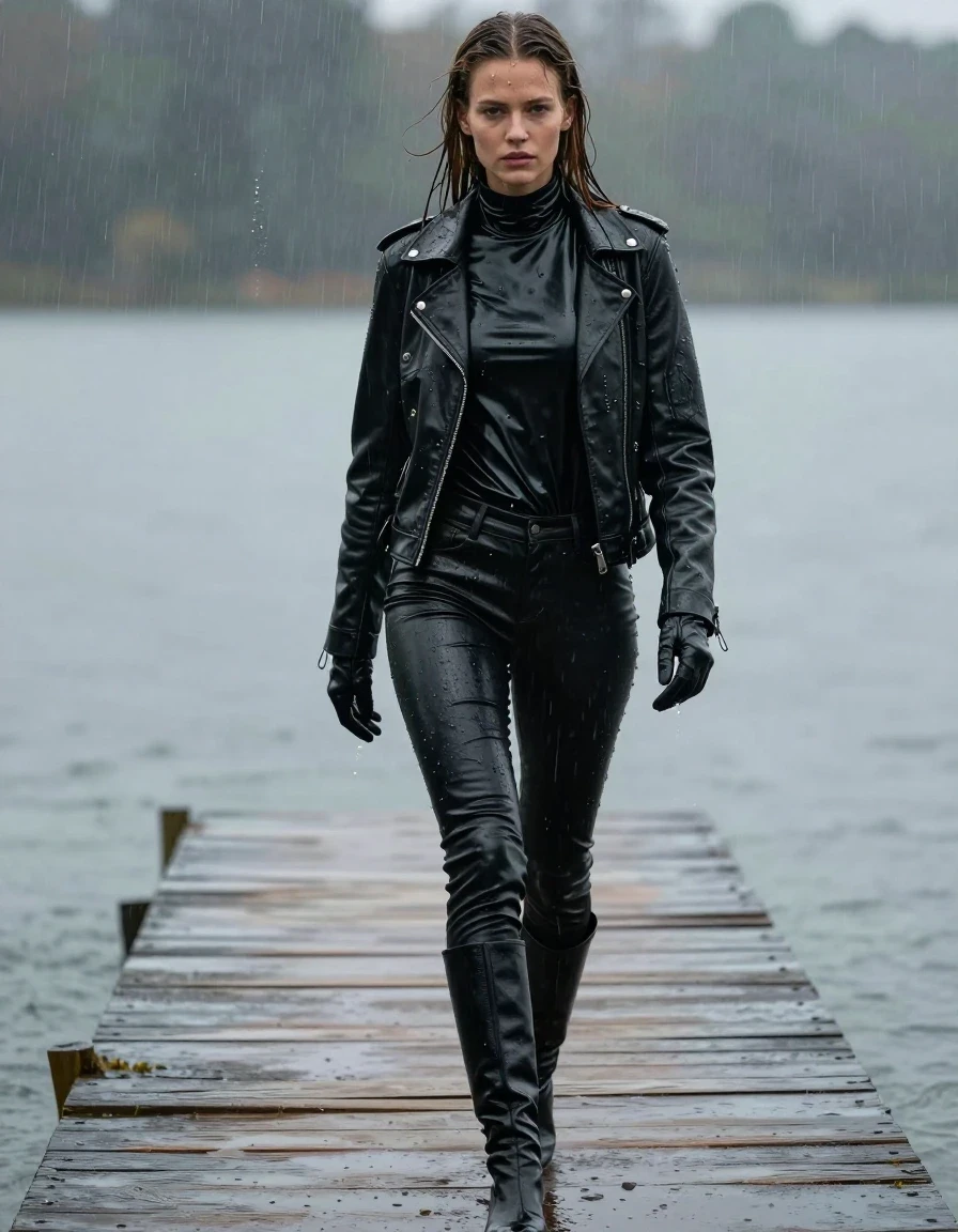 A photorealistic full-body shot of a young adult European woman with long, dripping wet brown hair, standing on a wooden pier at a lake during a heavy downpour. She is wearing an oversize black vinyl turtleneck shirt with a high-gloss wet sheen, a black biker leather jacket, and black leather jeans that are heavily soaked, clinging to her skin with deep, dark, saturated folds and water-slicked surfaces. She wears black leather knee-high boots and matching leather gloves on both hands. Her skin is drenched with visible water droplets and a glistening sheen. The atmosphere is damp and moody, with water-saturated clothing clinging to her frame. The camera captures her walking along the rain-slicked pier, with soft, diffused overcast lighting reflecting off her wet attire and the surrounding lake water. High-detail textures, realistic fabric weight, no nudity, clean anatomy, professional photography style.
