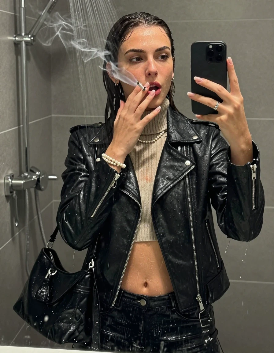 photo of young woman, in soaking wet, drenched clothes,
, , Biker leatherjacket, knit turtleneck sweater belly free, handbag, pearl necklace, bracelet, wristwatch, Under the shower, strong jet of water, in modern bathroom, Smoking a cigarette, 
enjoying, wet clothes stuck to body,
detailed textures of the wet clothes, wet face, wet plastered hair,
wet, drenched, professional, high-quality details, full body view.
sharp focus, ultra-high pixel detail, realistic, high-quality, full colors, incredibly detailed, 4k, 8k, 16k, hyper-realistic, RAW photo, masterpiece, ultra-detailed, professionally color graded, professional photograph, 15 years old  school girl and her friends. Completely soaked to the Skin.

Only head and shoulders are over the surface visible. One Hand over her mouth. Take a Selfie with her Smartphone.

The girls wear different clothes.

she is completely underwater up to her neck, surprised and astonished expression. 

her clothing is soaking wet and clinging tightly to her skin, showing heavy wet folds, darkened fabric texture, and deep water-saturated Patches, her clothes are heavy from the water, water runs from her body and her clothes in streams. A lot of water also runs out of her clothes. Her clothes are darkened by the water. Her submerged clothes are good visible under the water.  she soaked her handbag into the water.

close up view, wet skin, wet clothes, wet hair, damp fabric, water runs down the clothes, wet skin, wet clothes, damp fabric. cinematic medium shot, hyper-realistic wetness, high-contrast water sheen, sharp focus, 16k resolution, professional photography, realistic water physics., wet skin, wet clothes, damp fabric, wet skin, wet clothes, damp fabric, wet skin, wet clothes, damp fabric, wet skin, wet clothes, damp fabric, wet skin, wet clothes, damp fabric, wet skin, wet clothes, damp fabric, wet skin, wet clothes, damp fabric, wet skin, wet clothes, damp fabric
