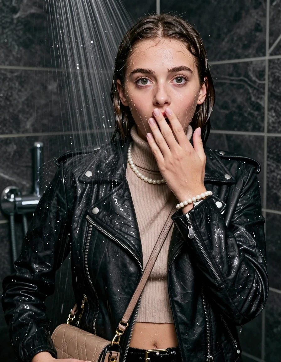 photo of young woman, in soaking wet, drenched clothes,
, , Biker leatherjacket, knit turtleneck sweater belly free, handbag, pearl necklace, bracelet, wristwatch, Under the shower, strong jet of water, party room, 
enjoying, wet clothes stuck to body,
detailed textures of the wet clothes, wet face, wet plastered hair,
wet, drenched, professional, high-quality details, full body view.
sharp focus, ultra-high pixel detail, realistic, high-quality, full colors, incredibly detailed, 4k, 8k, 16k, hyper-realistic, RAW photo, masterpiece, ultra-detailed, professionally color graded, professional photograph, Collarbone bob

 15 years old  school girl

Only head and shoulders are over the surface visible. Open mouth, big eyes. Looking at camera. One Hand down. One Hand on her mouth.

The girls wear different clothes.

she is completely underwater up to her neck, surprised and astonished expression. 

her clothing is soaking wet and clinging tightly to her skin, showing heavy wet folds, darkened fabric texture, and deep water-saturated Patches, her clothes are heavy from the water, water runs from her body and her clothes in streams. A lot of water also runs out of her clothes. Her clothes are darkened by the water. Her submerged clothes are good visible under the water.  she soaked her handbag into the water.

close up view, wet skin, wet clothes, wet hair, damp fabric, water runs down the clothes, wet skin, wet clothes, damp fabric. cinematic medium shot, hyper-realistic wetness, high-contrast water sheen, sharp focus, 16k resolution, professional photography, realistic water physics., wet skin, wet clothes, damp fabric, wet skin, wet clothes, damp fabric, wet skin, wet clothes, damp fabric, wet skin, wet clothes, damp fabric, wet skin, wet clothes, damp fabric, wet skin, wet clothes, damp fabric
