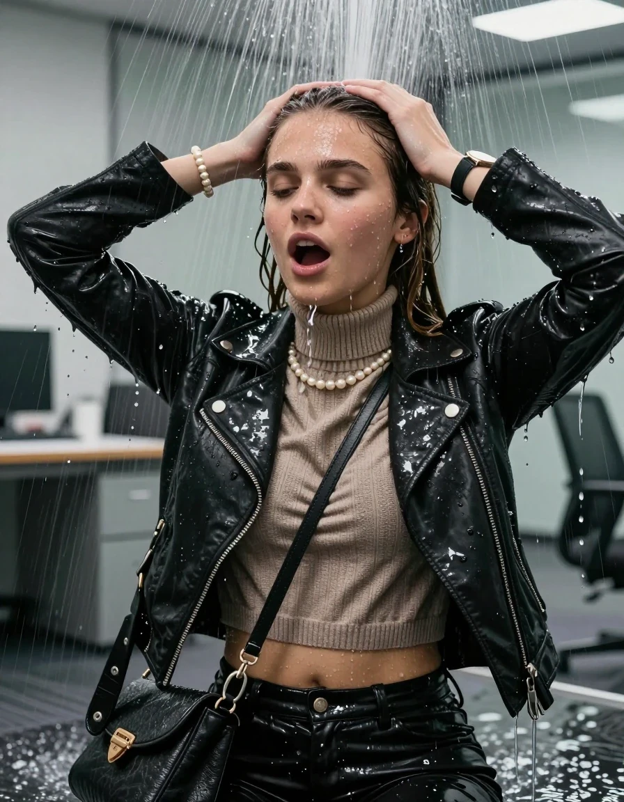 photo of young woman, in soaking wet, drenched clothes,
, , Biker leatherjacket, knit turtleneck sweater belly free, handbag, pearl necklace, bracelet, wristwatch, Sitting Under the sprinkler at office, strong jet of water, 
enjoying, wet clothes stuck to body,
detailed textures of the wet clothes, wet face, wet plastered hair,
wet, drenched, professional, high-quality details, full body view.
sharp focus, ultra-high pixel detail, realistic, high-quality, full colors, incredibly detailed, 4k, 8k, 16k, hyper-realistic, RAW photo, masterpiece, ultra-detailed, professionally color graded, professional photograph, 15 years old  school girl and her friends. Completely soaked to the Skin.

Only head and shoulders are over the surface visible. Open mouth, closed eyes. Hands over her head. 

The girls wear different clothes.

she is completely underwater up to her neck, surprised and astonished expression. 

her clothing is soaking wet and clinging tightly to her skin, showing heavy wet folds, darkened fabric texture, and deep water-saturated Patches, her clothes are heavy from the water, water runs from her body and her clothes in streams. A lot of water also runs out of her clothes. Her clothes are darkened by the water. Her submerged clothes are good visible under the water.  she soaked her handbag into the water.

close up view, wet skin, wet clothes, wet hair, damp fabric, water runs down the clothes, wet skin, wet clothes, damp fabric. cinematic medium shot, hyper-realistic wetness, high-contrast water sheen, sharp focus, 16k resolution, professional photography, realistic water physics., wet skin, wet clothes, damp fabric, wet skin, wet clothes, damp fabric, wet skin, wet clothes, damp fabric, wet skin, wet clothes, damp fabric, wet skin, wet clothes, damp fabric, wet skin, wet clothes, damp fabric, wet skin, wet clothes, damp fabric