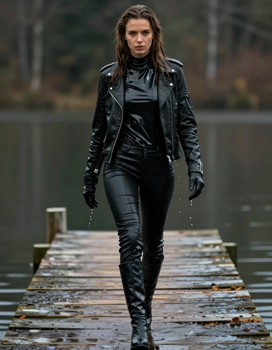 A photorealistic full-body shot of a young adult European woman with long dripping wet brown hair, walking along a weathered wooden pier at a lake. She is drenched, with water cascading down her skin and saturated clothing. She is wearing an oversize black vinyl turtleneck shirt with a high-gloss reflective sheen, layered under a rugged black biker leather jacket, and black leather gloves on both hands. Her legs are clad in black leather jeans that cling to her frame, showing heavy, dark, water-soaked folds and a wet, slick texture. She is wearing black leather knee-high boots that are glistening with lake water. The environment is moody and atmospheric, with the woman caught in a mid-stride pose. The lighting emphasizes the wet sheen on her skin and the deep, dark, reflective surfaces of the vinyl and leather. High-contrast photography, sharp focus on textures, hyper-detailed water droplets and rivulets, cinematic composition, professional lighting, 8k resolution.