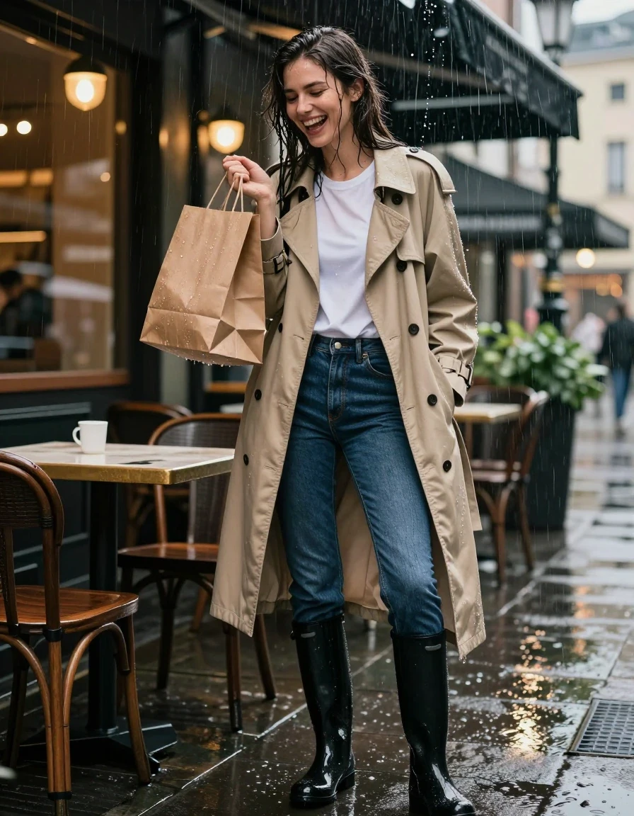 photo of young woman, in soaking wet, drenched clothes,
black rubber knee-high rain boots, fitted dark indigo denim jeans, soaked and clinging, oversized beige trench coat worn over a simple white cotton t-shirt, under the lit awning of a city outdoor cafe at night, 
enjoying, wet clothes stuck to body,
detailed textures of the wet clothes, wet face, wet plastered hair,
wet, drenched, professional, high-quality details, full body view.
sharp focus, ultra-high pixel detail, realistic, high-quality, full colors, incredibly detailed, 4k, 8k, 16k, hyper-realistic, RAW photo, masterpiece, ultra-detailed, professionally color graded, professional photograph, a woman laughing while trying to shield her grocery paper bag from the heavy rain, water droplets cascading off her coat, cinematic lighting, street reflection, wide medium shot, 85mm lens, hyper-realistic texture., wet skin, wet clothes, damp fabric