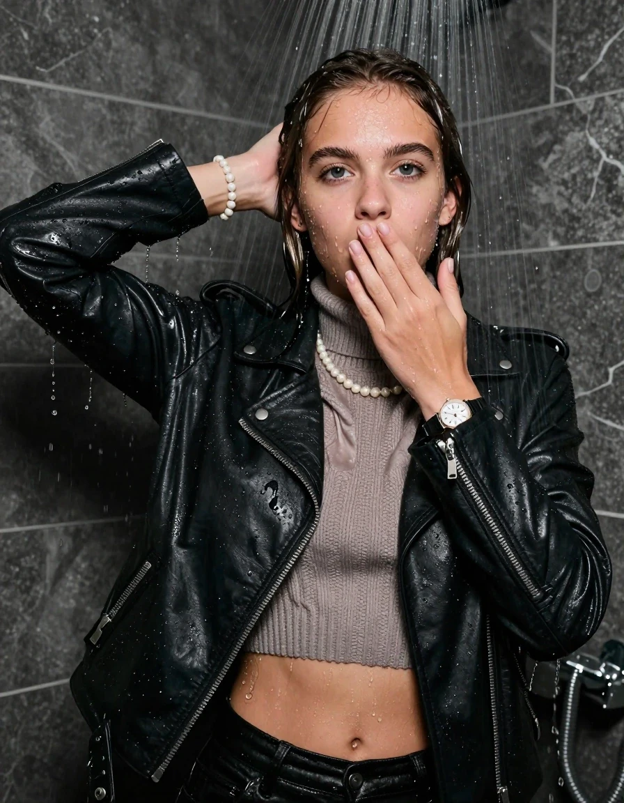 photo of young woman, in soaking wet, drenched clothes,
, , Biker leatherjacket, knit turtleneck sweater belly free, handbag, pearl necklace, bracelet, wristwatch, Under the shower, strong jet of water, party room, 
enjoying, wet clothes stuck to body,
detailed textures of the wet clothes, wet face, wet plastered hair,
wet, drenched, professional, high-quality details, full body view.
sharp focus, ultra-high pixel detail, realistic, high-quality, full colors, incredibly detailed, 4k, 8k, 16k, hyper-realistic, RAW photo, masterpiece, ultra-detailed, professionally color graded, professional photograph, Collarbone bob

 15 years old  school girl

Only head and shoulders are over the surface visible. Looking at camera. One Hand down. One Hand on her mouth.

The girls wear different clothes.

she is completely underwater up to her neck, surprised and astonished expression. 

her clothing is soaking wet and clinging tightly to her skin, showing heavy wet folds, darkened fabric texture, and deep water-saturated Patches, her clothes are heavy from the water, water runs from her body and her clothes in streams. A lot of water also runs out of her clothes. Her clothes are darkened by the water. Her submerged clothes are good visible under the water.  she soaked her handbag into the water.

close up view, wet skin, wet clothes, wet hair, damp fabric, water runs down the clothes, wet skin, wet clothes, damp fabric. cinematic medium shot, hyper-realistic wetness, high-contrast water sheen, sharp focus, 16k resolution, professional photography, realistic water physics., wet skin, wet clothes, damp fabric, wet skin, wet clothes, damp fabric, wet skin, wet clothes, damp fabric, wet skin, wet clothes, damp fabric, wet skin, wet clothes, damp fabric, wet skin, wet clothes, damp fabric