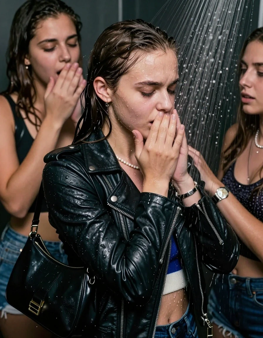 photo of young woman, in soaking wet, drenched clothes,
, , Biker leatherjacket, sweater belly free, shoulderbag, pearl necklace, bracelet, wristwatch, Orgasm Under the shower, strong jet of water, party room, 
enjoying, wet clothes stuck to body,
detailed textures of the wet clothes, wet face, wet plastered hair,
wet, drenched, professional, high-quality details, full body view.
sharp focus, ultra-high pixel detail, realistic, high-quality, full colors, incredibly detailed, 4k, 8k, 16k, hyper-realistic, RAW photo, masterpiece, ultra-detailed, professionally color graded, professional photograph, Sleek long ponytail with bangs

 15 years old  school girl and her female  friends

Only head and shoulders are over the surface visible. Looking down to the side.  closed eyes . Her mouth is covered by her friends Hand. hugs her friend.

The girls wear different clothes.

she is completely underwater up to her neck, horny and Strenuous painful expression. 

her clothing is soaking wet and clinging tightly to her skin, showing heavy wet folds, darkened fabric texture, and deep water-saturated Patches, her clothes are heavy from the water, water runs from her body and her clothes in streams. A lot of water also runs out of her clothes. Her clothes are darkened by the water. Her submerged clothes are good visible under the water.  she soaked her handbag into the water.

close up view, wet skin, wet clothes, wet hair, damp fabric, water runs down the clothes, wet skin, wet clothes, damp fabric. cinematic medium shot, hyper-realistic wetness, high-contrast water sheen, sharp focus, 16k resolution, professional photography, realistic water physics., wet skin, wet clothes, damp fabric, wet skin, wet clothes, damp fabric, wet skin, wet clothes, damp fabric, wet skin, wet clothes, damp fabric, wet skin, wet clothes, damp fabric, wet skin, wet clothes, damp fabric, wet skin, wet clothes, damp fabric, wet skin, wet clothes, damp fabric