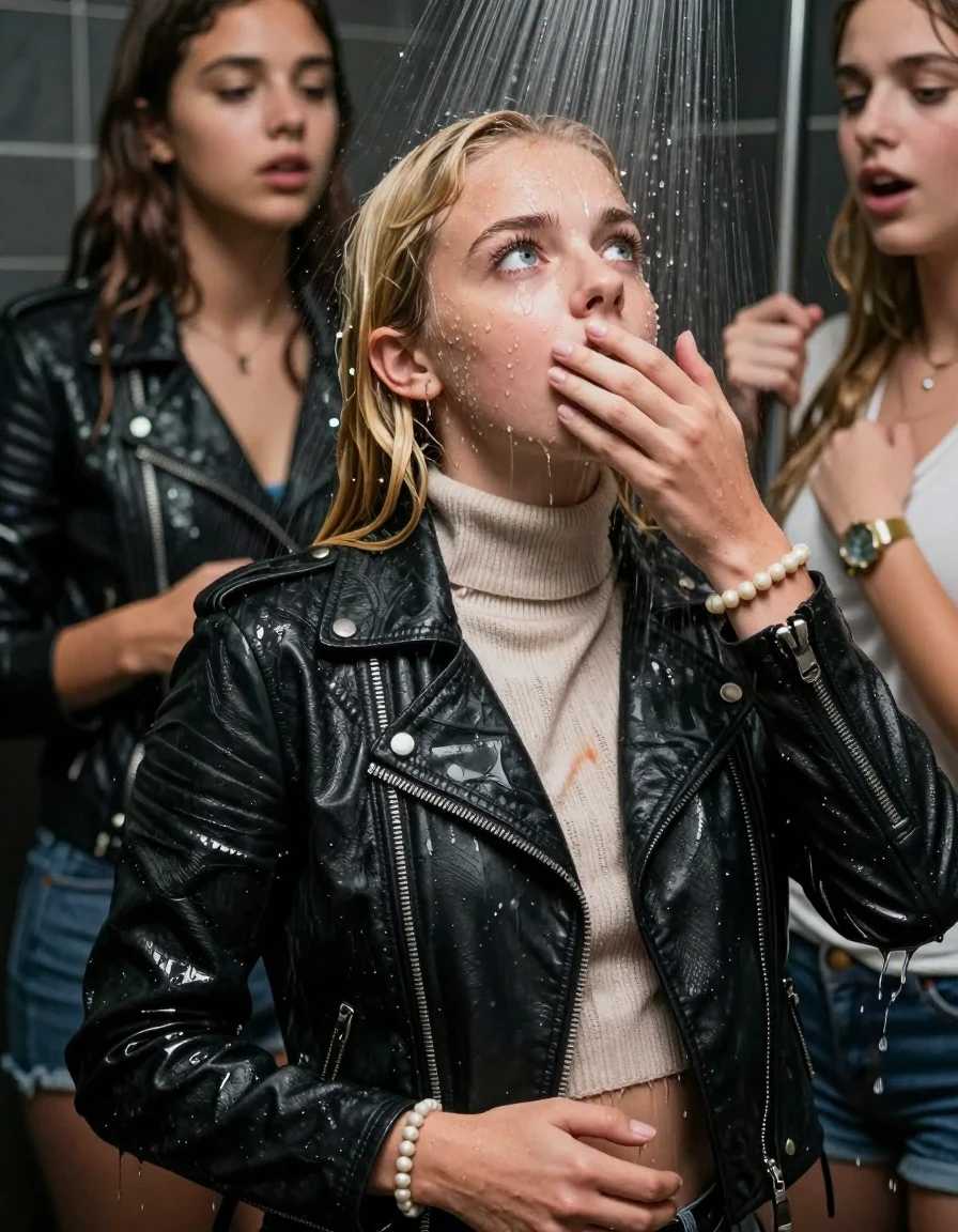 photo of young woman, in soaking wet, drenched clothes,
, , Biker leatherjacket, knit turtleneck sweater belly free, handbag, pearl necklace, bracelet, wristwatch, Under the shower, strong jet of water, party room, 
enjoying, wet clothes stuck to body,
detailed textures of the wet clothes, wet face, wet plastered hair,
wet, drenched, professional, high-quality details, full body view.
sharp focus, ultra-high pixel detail, realistic, high-quality, full colors, incredibly detailed, 4k, 8k, 16k, hyper-realistic, RAW photo, masterpiece, ultra-detailed, professionally color graded, professional photograph, Sleek Blonde Collarbone bob

 15 years old  school girl and her friend

Only head and shoulders are over the surface visible. Looking up. One Hand Covers her friends mouth.

The girls wear different clothes.

she is completely underwater up to her neck, surprised and astonished expression. 

her clothing is soaking wet and clinging tightly to her skin, showing heavy wet folds, darkened fabric texture, and deep water-saturated Patches, her clothes are heavy from the water, water runs from her body and her clothes in streams. A lot of water also runs out of her clothes. Her clothes are darkened by the water. Her submerged clothes are good visible under the water.  she soaked her handbag into the water.

close up view, wet skin, wet clothes, wet hair, damp fabric, water runs down the clothes, wet skin, wet clothes, damp fabric. cinematic medium shot, hyper-realistic wetness, high-contrast water sheen, sharp focus, 16k resolution, professional photography, realistic water physics., wet skin, wet clothes, damp fabric, wet skin, wet clothes, damp fabric, wet skin, wet clothes, damp fabric, wet skin, wet clothes, damp fabric, wet skin, wet clothes, damp fabric, wet skin, wet clothes, damp fabric