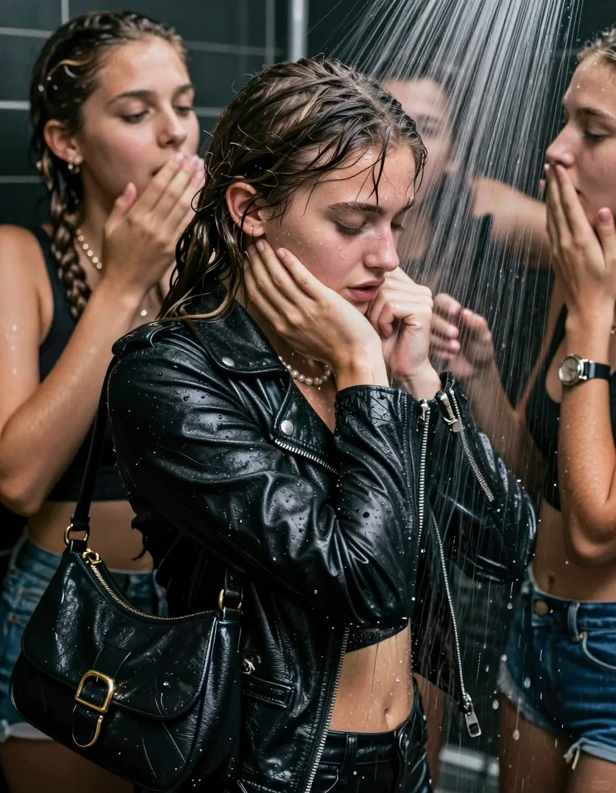 photo of young woman, in soaking wet, drenched clothes,
, , Biker leatherjacket, sweater belly free, shoulderbag, pearl necklace, bracelet, wristwatch, Orgasm Under the shower, strong jet of water, party room, 
enjoying, wet clothes stuck to body,
detailed textures of the wet clothes, wet face, wet plastered hair,
wet, drenched, professional, high-quality details, full body view.
sharp focus, ultra-high pixel detail, realistic, high-quality, full colors, incredibly detailed, 4k, 8k, 16k, hyper-realistic, RAW photo, masterpiece, ultra-detailed, professionally color graded, professional photograph, Sleek long ponytail with bangs

 15 years old  school girl and her female  friends

Only head and shoulders are over the surface visible. Looking down to the side.  closed eyes . Her mouth is covered by her friends Hand. hugs her friend.

The girls wear different clothes. All girls have an orgasm. 

she is completely underwater up to her neck, horny and Strenuous expression. 

her clothing is soaking wet and clinging tightly to her skin, showing heavy wet folds, darkened fabric texture, and deep water-saturated Patches, her clothes are heavy from the water, water runs from her body and her clothes in streams. A lot of water also runs out of her clothes. Her clothes are darkened by the water. Her submerged clothes are good visible under the water.  she soaked her handbag into the water.

close up view, wet skin, wet clothes, wet hair, damp fabric, water runs down the clothes, wet skin, wet clothes, damp fabric. cinematic medium shot, hyper-realistic wetness, high-contrast water sheen, sharp focus, 16k resolution, professional photography, realistic water physics., wet skin, wet clothes, damp fabric, wet skin, wet clothes, damp fabric, wet skin, wet clothes, damp fabric, wet skin, wet clothes, damp fabric, wet skin, wet clothes, damp fabric, wet skin, wet clothes, damp fabric, wet skin, wet clothes, damp fabric, wet skin, wet clothes, damp fabric