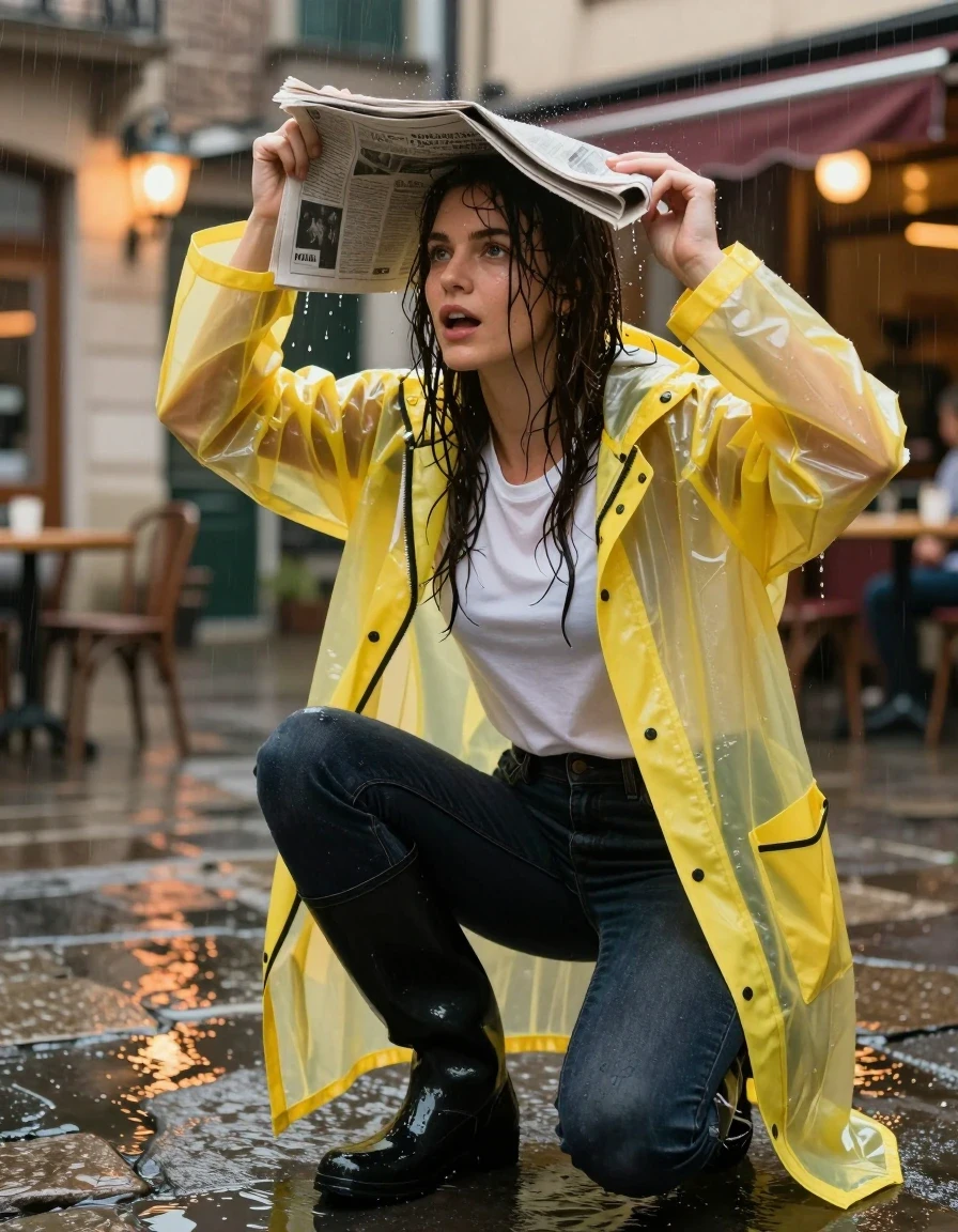 photo of young woman, in soaking wet, drenched clothes,
black rubber knee-high rain boots, slim-fit dark navy denim jeans, heavy fabric saturation, transparent yellow PVC raincoat over a white cotton t-shirt, dimly lit stone-paved apartment courtyard, ambient orange street cafe lighting, 
enjoying, wet clothes stuck to body,
detailed textures of the wet clothes, wet face, wet plastered hair,
wet, drenched, professional, high-quality details, full body view.
sharp focus, ultra-high pixel detail, realistic, high-quality, full colors, incredibly detailed, 4k, 8k, 16k, hyper-realistic, RAW photo, masterpiece, ultra-detailed, professionally color graded, professional photograph, woman frantically folding a dripping wet newspaper over her head to shield from wind-driven rain, water droplets cascading off hair and fabric, cinestill 800t film aesthetic, vibrant reflections on wet pavement, medium close-up shot, shallow depth of field, sharp focus on facial expression, high-quality textures., wet skin, wet clothes, damp fabric