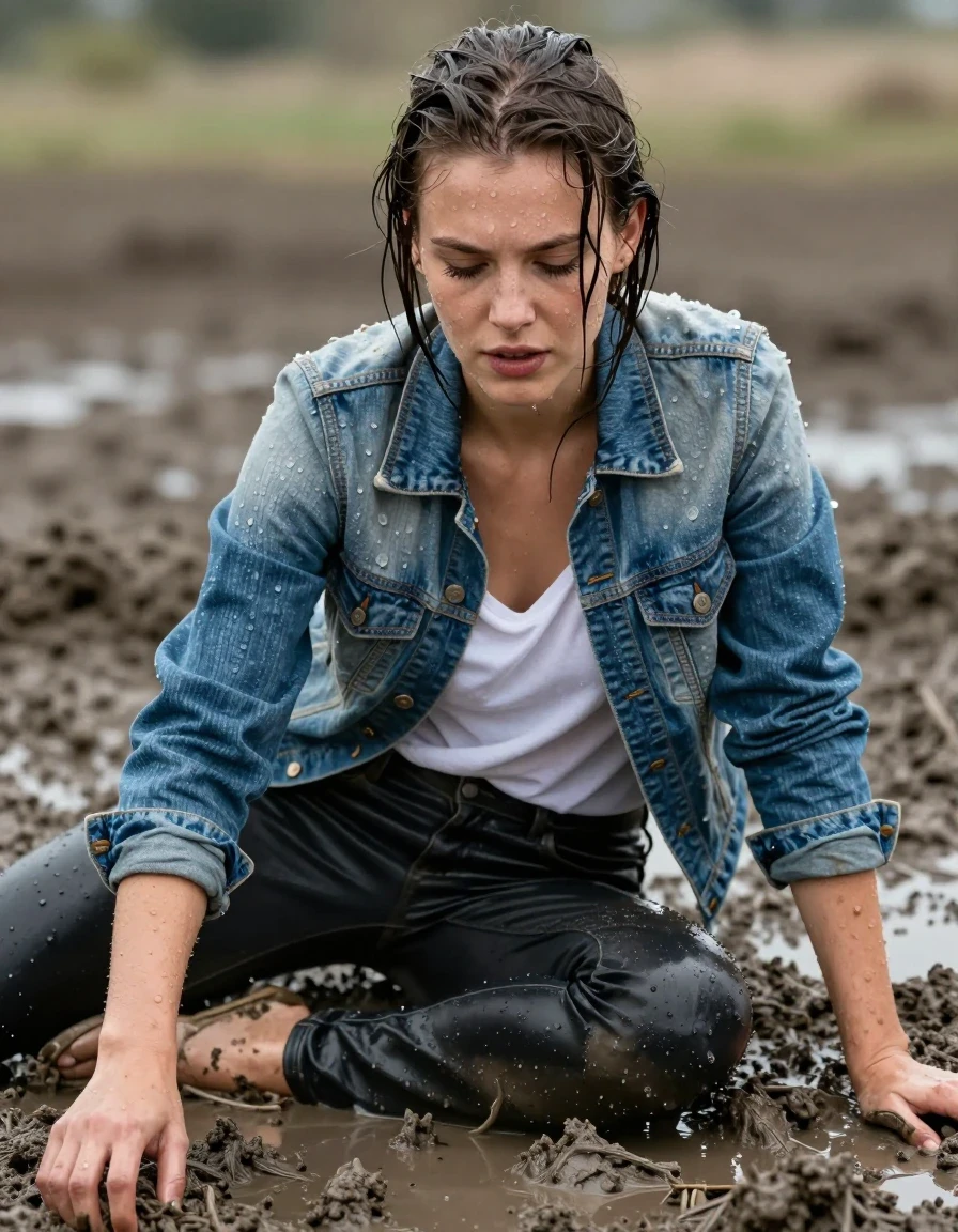 photo of young woman, in soaking wet, drenched clothes,
Lederjeans, Jeansjacke weiße bluse, Deep mud lying , 
enjoying, wet clothes stuck to body,
detailed textures of the wet clothes, wet face, wet plastered hair,
wet, drenched, professional, high-quality details, full body view.
sharp focus, ultra-high pixel detail, realistic, high-quality, full colors, incredibly detailed, 4k, 8k, 16k, hyper-realistic, RAW photo, masterpiece, ultra-detailed, professionally color graded, professional photograph, wet skin, wet clothes, damp fabric