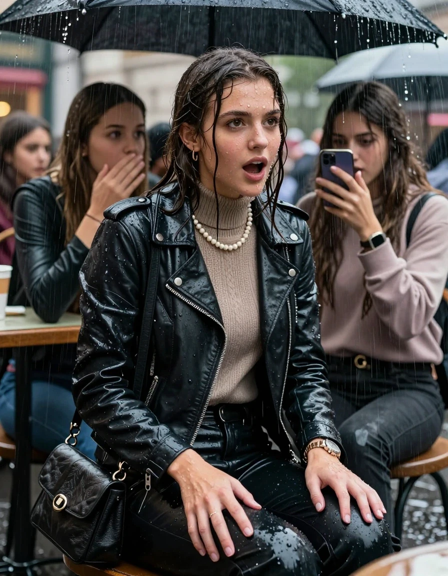 photo of young woman, in soaking wet, drenched clothes,
, , Biker leatherjacket, knit turtleneck sweater belly free, handbag, pearl necklace, bracelet, wristwatch, Sitting Under a flood of water from the canopy of an outdoor restaurant during extremely heavy rain, 
enjoying, wet clothes stuck to body,
detailed textures of the wet clothes, wet face, wet plastered hair,
wet, drenched, professional, high-quality details, full body view.
sharp focus, ultra-high pixel detail, realistic, high-quality, full colors, incredibly detailed, 4k, 8k, 16k, hyper-realistic, RAW photo, masterpiece, ultra-detailed, professionally color graded, professional photograph, 15 years old  school girl and her friends. Completely soaked to the Skin.

Open mouth, hands down, looking slightly away. One Hand Covers her friends mouth. Take a Selfie with her smartphone. 

The girls wear different clothes.

she is completely underwater up to her neck, surprised and astonished expression. 

her clothing is soaking wet and clinging tightly to her skin, showing heavy wet folds, darkened fabric texture, and deep water-saturated Patches, her clothes are heavy from the water, water runs from her body and her clothes in streams. A lot of water also runs out of her clothes. Her clothes are darkened by the water. Her submerged clothes are good visible under the water.  she soaked her handbag into the water.

close up view, wet skin, wet clothes, wet hair, damp fabric, water runs down the clothes, wet skin, wet clothes, damp fabric. cinematic medium shot, hyper-realistic wetness, high-contrast water sheen, sharp focus, 16k resolution, professional photography, realistic water physics., wet skin, wet clothes, damp fabric, wet skin, wet clothes, damp fabric, wet skin, wet clothes, damp fabric, wet skin, wet clothes, damp fabric, wet skin, wet clothes, damp fabric, wet skin, wet clothes, damp fabric, wet skin, wet clothes, damp fabric, wet skin, wet clothes, damp fabric, wet skin, wet clothes, damp fabric
