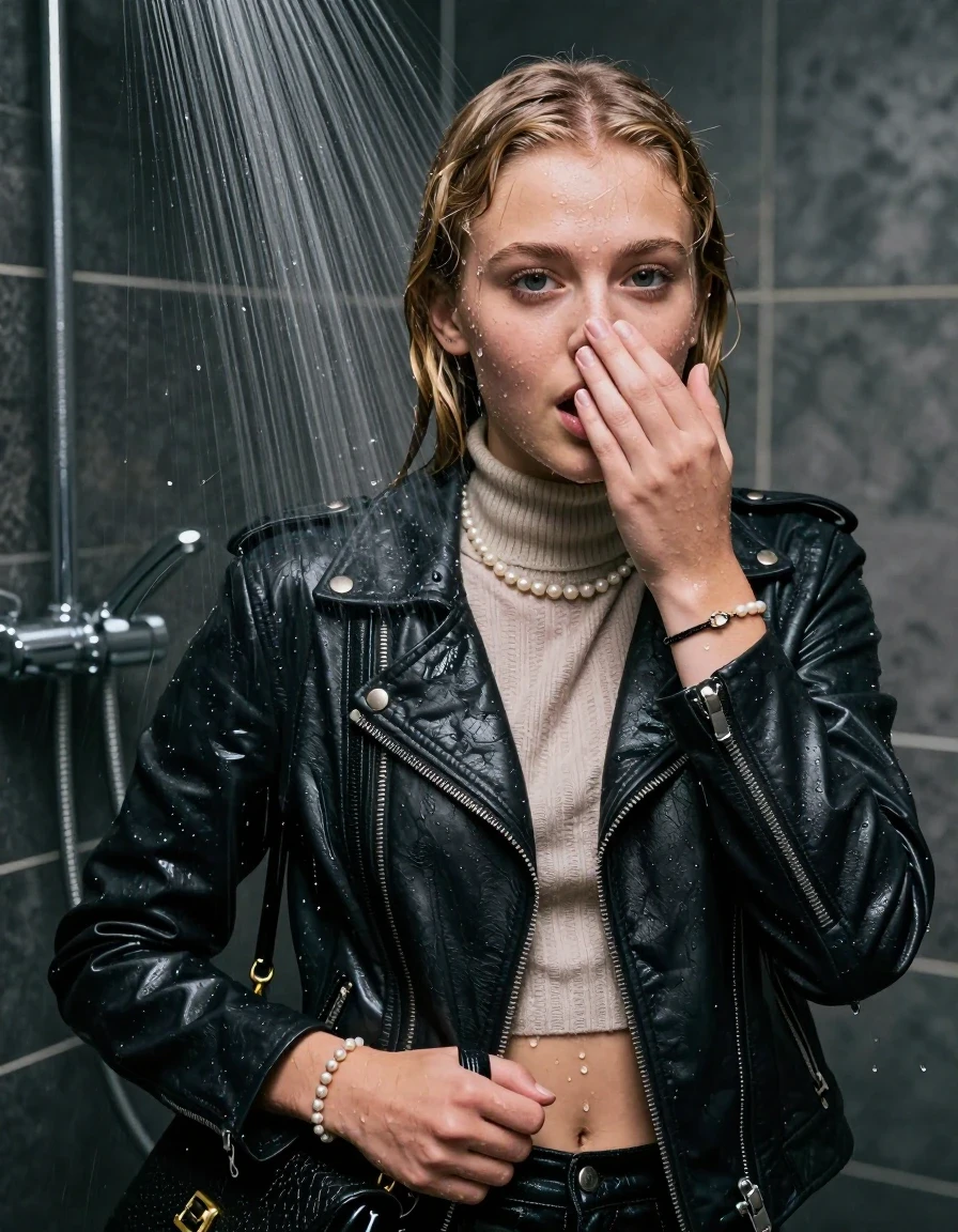 photo of young woman, in soaking wet, drenched clothes,
, , Biker leatherjacket, knit turtleneck sweater belly free, handbag, pearl necklace, bracelet, wristwatch, Under the shower, strong jet of water, party room, 
enjoying, wet clothes stuck to body,
detailed textures of the wet clothes, wet face, wet plastered hair,
wet, drenched, professional, high-quality details, full body view.
sharp focus, ultra-high pixel detail, realistic, high-quality, full colors, incredibly detailed, 4k, 8k, 16k, hyper-realistic, RAW photo, masterpiece, ultra-detailed, professionally color graded, professional photograph, Sleek Blonde Collarbone bob

 15 years old  school girl

Only head and shoulders are over the surface visible. Looking at camera. One Hand in front of her nose.

The girls wear different clothes.

she is completely underwater up to her neck, surprised and astonished expression. 

her clothing is soaking wet and clinging tightly to her skin, showing heavy wet folds, darkened fabric texture, and deep water-saturated Patches, her clothes are heavy from the water, water runs from her body and her clothes in streams. A lot of water also runs out of her clothes. Her clothes are darkened by the water. Her submerged clothes are good visible under the water.  she soaked her handbag into the water.

close up view, wet skin, wet clothes, wet hair, damp fabric, water runs down the clothes, wet skin, wet clothes, damp fabric. cinematic medium shot, hyper-realistic wetness, high-contrast water sheen, sharp focus, 16k resolution, professional photography, realistic water physics., wet skin, wet clothes, damp fabric, wet skin, wet clothes, damp fabric, wet skin, wet clothes, damp fabric, wet skin, wet clothes, damp fabric, wet skin, wet clothes, damp fabric, wet skin, wet clothes, damp fabric