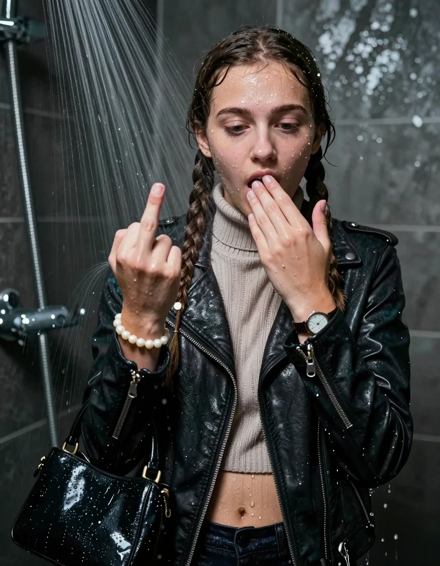 photo of young woman, in soaking wet, drenched clothes,
, , Biker leatherjacket, knit turtleneck sweater belly free, handbag, pearl necklace, bracelet, wristwatch, Under the shower, strong jet of water, party room, 
enjoying, wet clothes stuck to body,
detailed textures of the wet clothes, wet face, wet plastered hair,
wet, drenched, professional, high-quality details, full body view.
sharp focus, ultra-high pixel detail, realistic, high-quality, full colors, incredibly detailed, 4k, 8k, 16k, hyper-realistic, RAW photo, masterpiece, ultra-detailed, professionally color graded, professional photograph, Two long braids 

 15 years old  school girl

Only head and shoulders are over the surface visible. Open mouth, big eyes. Looking down. Shows her middle finger with one hand. One Hand on her mouth.

The girls wear different clothes.

she is completely underwater up to her neck, surprised and astonished expression. 

her clothing is soaking wet and clinging tightly to her skin, showing heavy wet folds, darkened fabric texture, and deep water-saturated Patches, her clothes are heavy from the water, water runs from her body and her clothes in streams. A lot of water also runs out of her clothes. Her clothes are darkened by the water. Her submerged clothes are good visible under the water.  she soaked her handbag into the water.

close up view, wet skin, wet clothes, wet hair, damp fabric, water runs down the clothes, wet skin, wet clothes, damp fabric. cinematic medium shot, hyper-realistic wetness, high-contrast water sheen, sharp focus, 16k resolution, professional photography, realistic water physics., wet skin, wet clothes, damp fabric, wet skin, wet clothes, damp fabric, wet skin, wet clothes, damp fabric, wet skin, wet clothes, damp fabric, wet skin, wet clothes, damp fabric