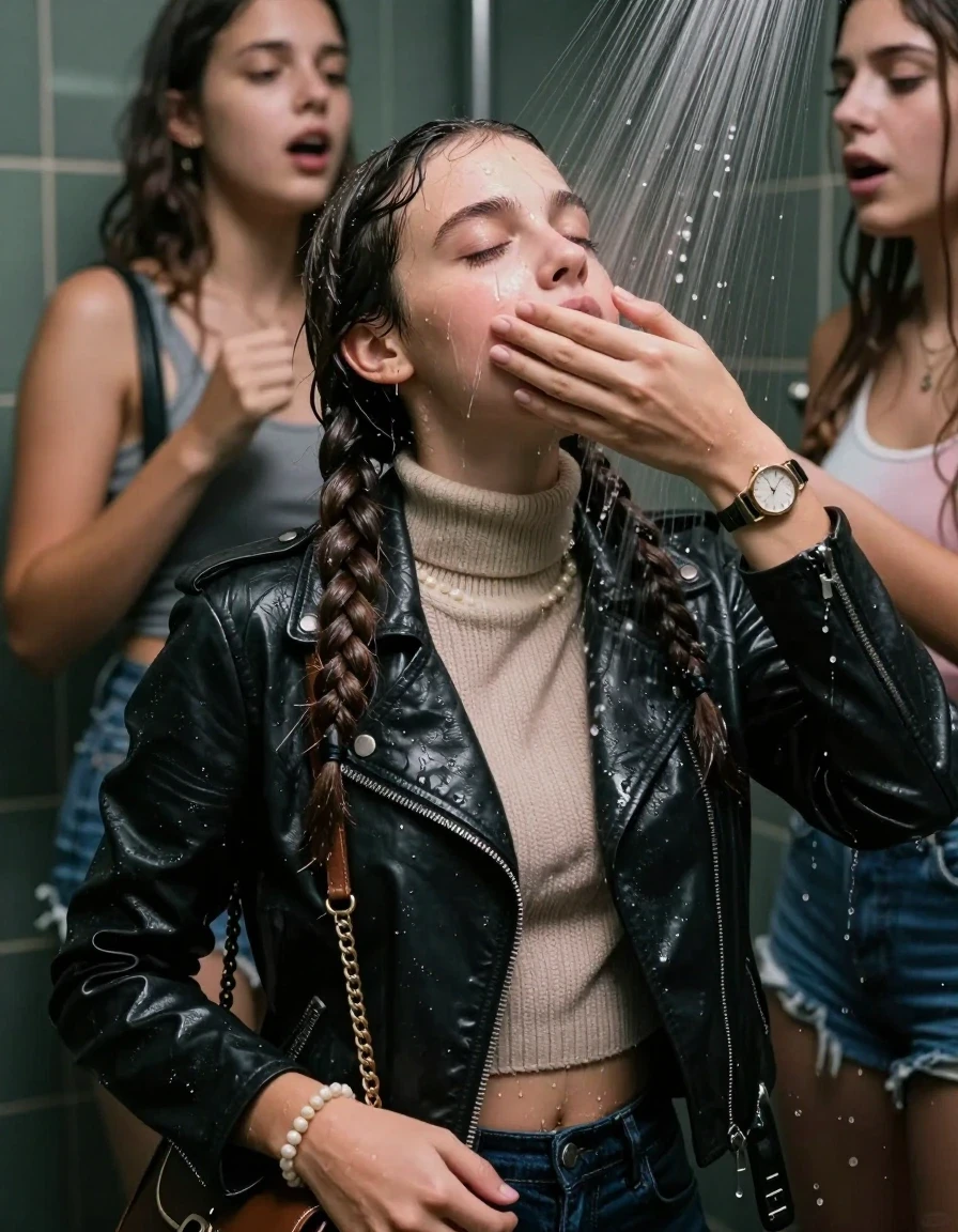 photo of young woman, in soaking wet, drenched clothes,
, , Biker leatherjacket, knit turtleneck sweater belly free, handbag, pearl necklace, bracelet, wristwatch, Orgasm Under the shower, strong jet of water, party room, 
enjoying, wet clothes stuck to body,
detailed textures of the wet clothes, wet face, wet plastered hair,
wet, drenched, professional, high-quality details, full body view.
sharp focus, ultra-high pixel detail, realistic, high-quality, full colors, incredibly detailed, 4k, 8k, 16k, hyper-realistic, RAW photo, masterpiece, ultra-detailed, professionally color graded, professional photograph, Two long braids 

 15 years old  school girl and her female  friends

Only head and shoulders are over the surface visible. Looking up. Open mouth, closed eyes. Her mouth is covered by her friends Hand.

The girls wear different clothes.

she is completely underwater up to her neck, surprised and astonished expression. 

her clothing is soaking wet and clinging tightly to her skin, showing heavy wet folds, darkened fabric texture, and deep water-saturated Patches, her clothes are heavy from the water, water runs from her body and her clothes in streams. A lot of water also runs out of her clothes. Her clothes are darkened by the water. Her submerged clothes are good visible under the water.  she soaked her handbag into the water.

close up view, wet skin, wet clothes, wet hair, damp fabric, water runs down the clothes, wet skin, wet clothes, damp fabric. cinematic medium shot, hyper-realistic wetness, high-contrast water sheen, sharp focus, 16k resolution, professional photography, realistic water physics., wet skin, wet clothes, damp fabric, wet skin, wet clothes, damp fabric, wet skin, wet clothes, damp fabric, wet skin, wet clothes, damp fabric, wet skin, wet clothes, damp fabric, wet skin, wet clothes, damp fabric
